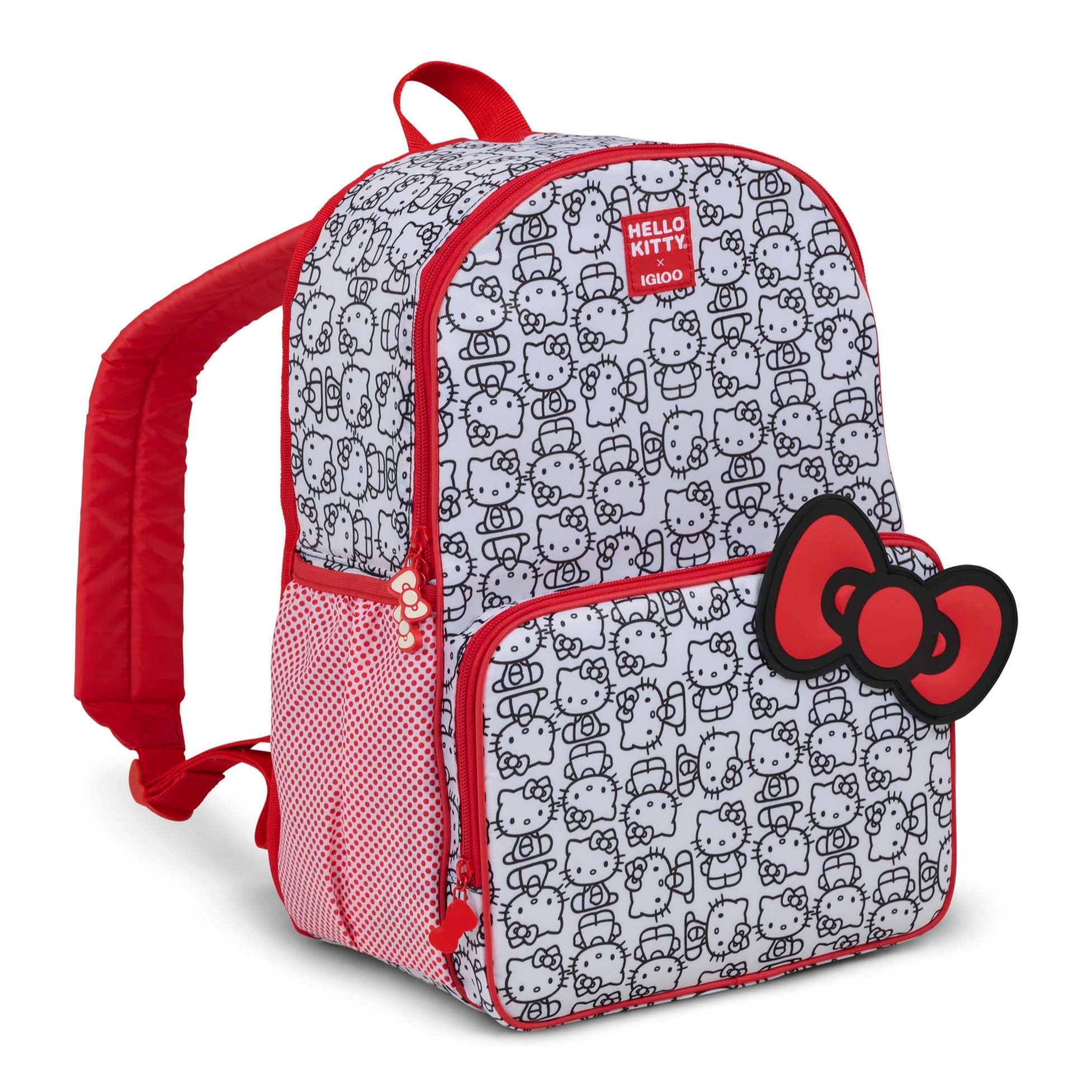 Front view of Hello Kitty x Igloo classic backpack cooler with red accents and bow detail