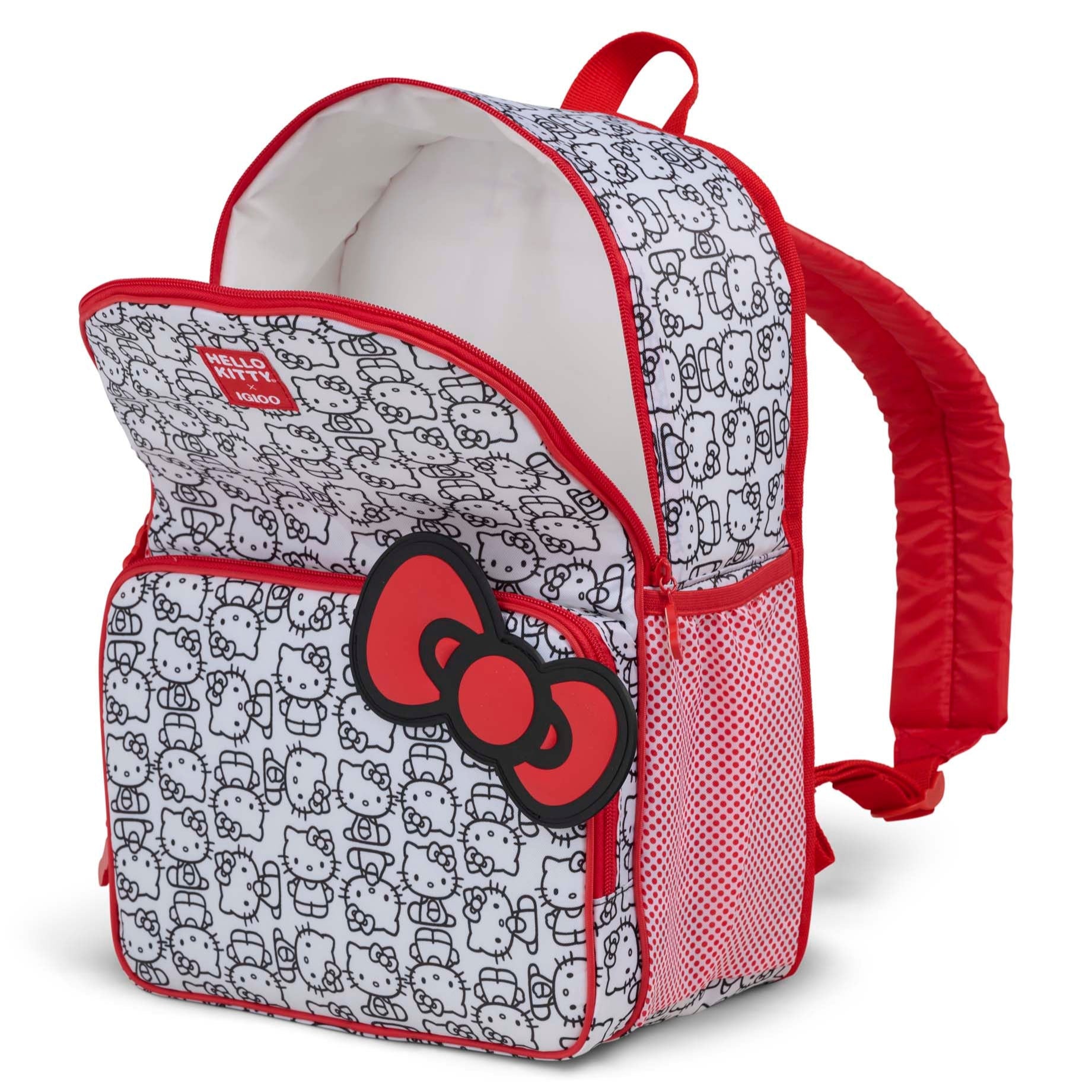 Front view of Hello Kitty x Igloo classic backpack cooler with red accents and bow detail