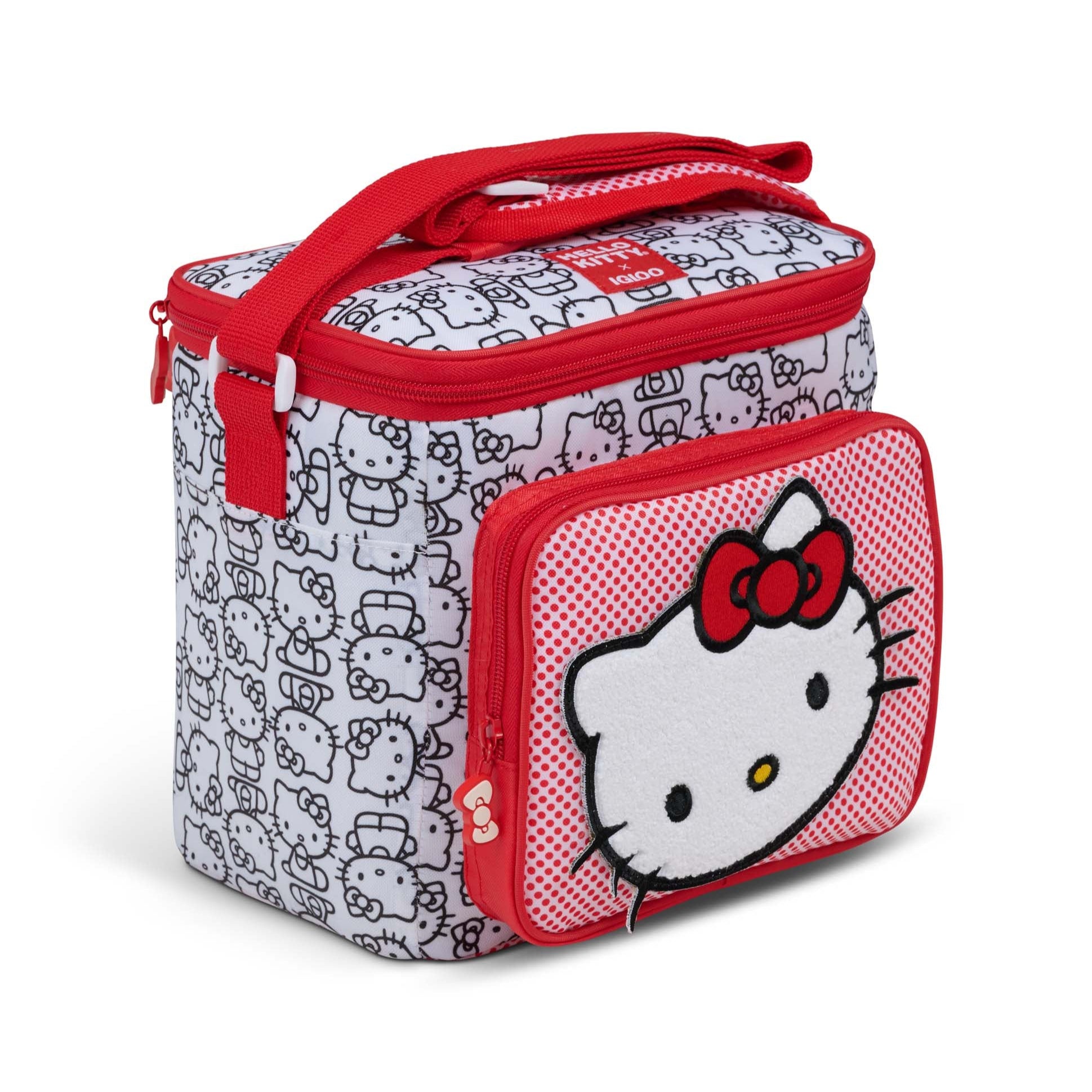 Hello Kitty Igloo lunch bag cooler in red, front view with Hello Kitty face Hello Kitty Igloo lunch bag cooler in red, front view with Hello Kitty face