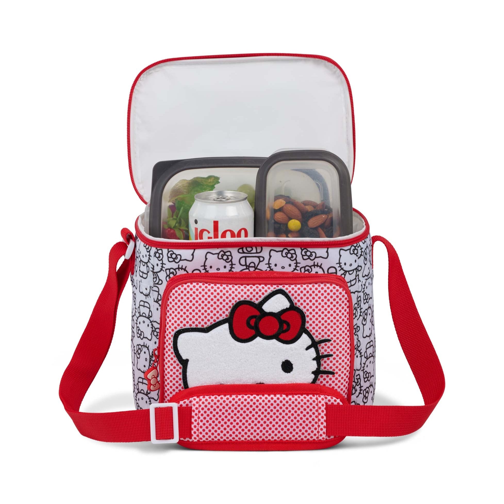 Hello Kitty Igloo lunch bag cooler in red, front view with Hello Kitty face