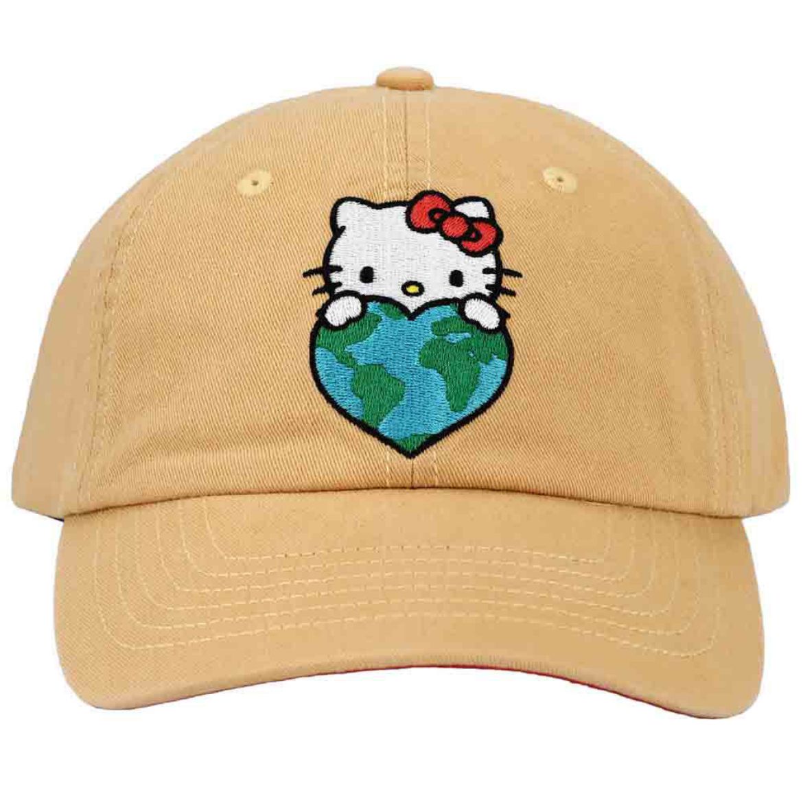 Hello Kitty embroidered baseball cap shown front-on, featuring earth-themed embroidery