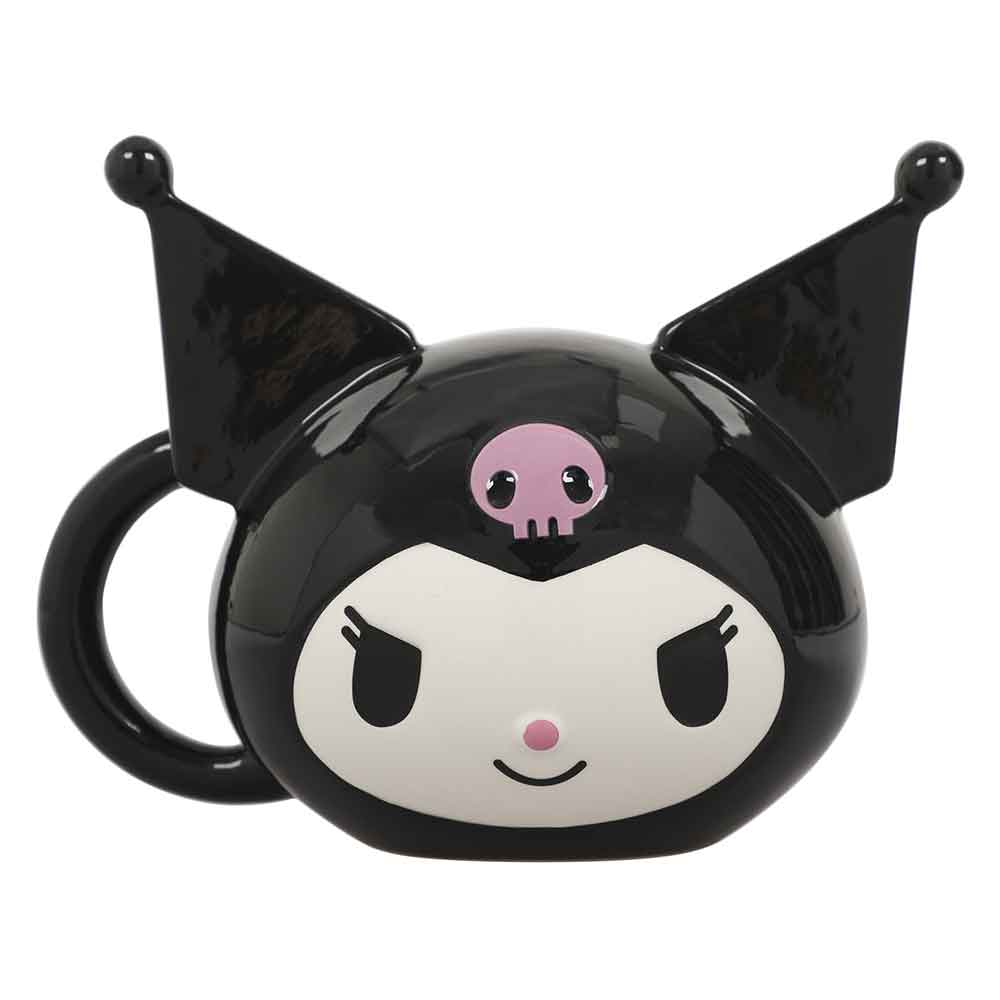 Close-up of Kuromi face sculpted mug with playful expression, perfect for hot drinks
