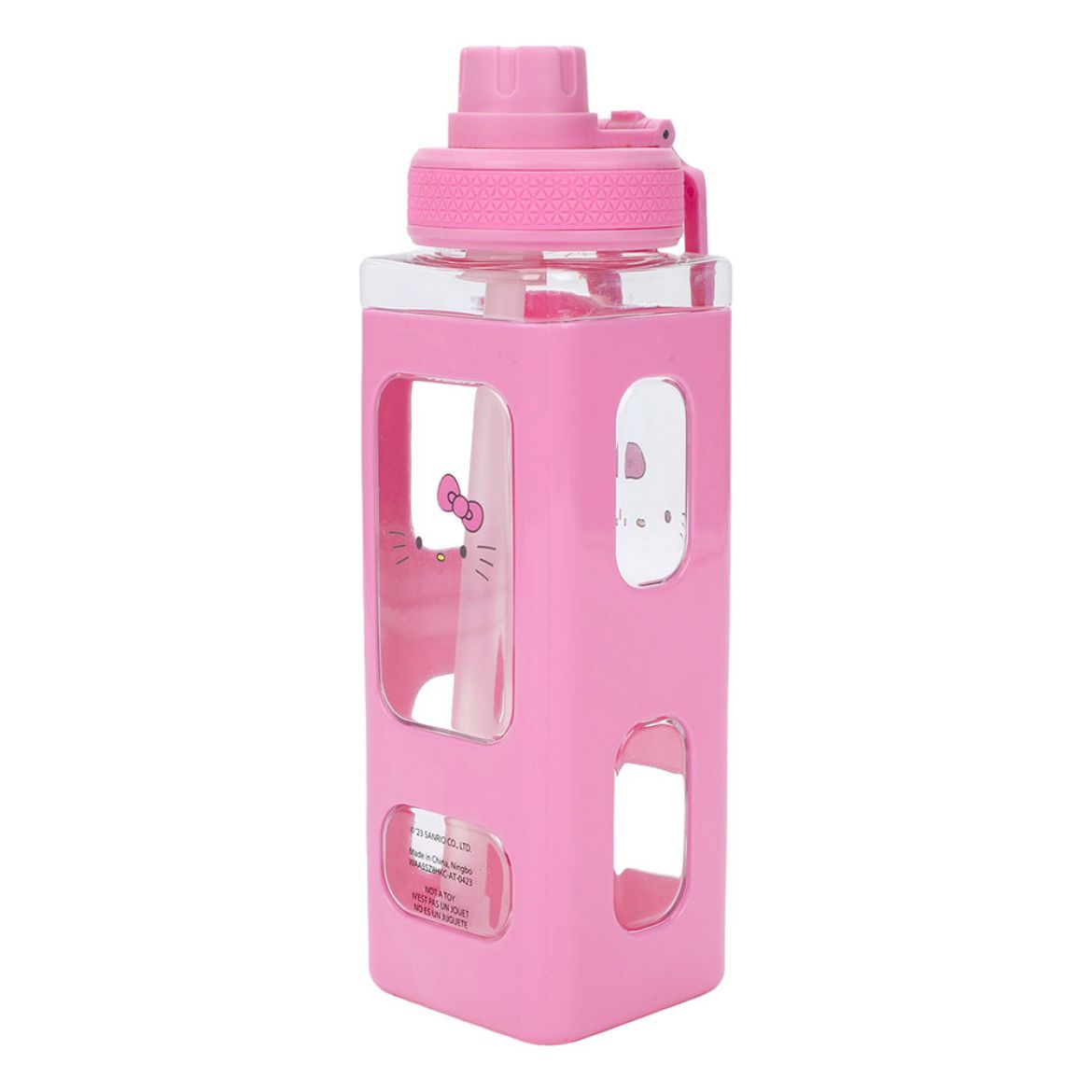 Side angle of the 24oz Hello Kitty travel water bottle with silicone sleeve.