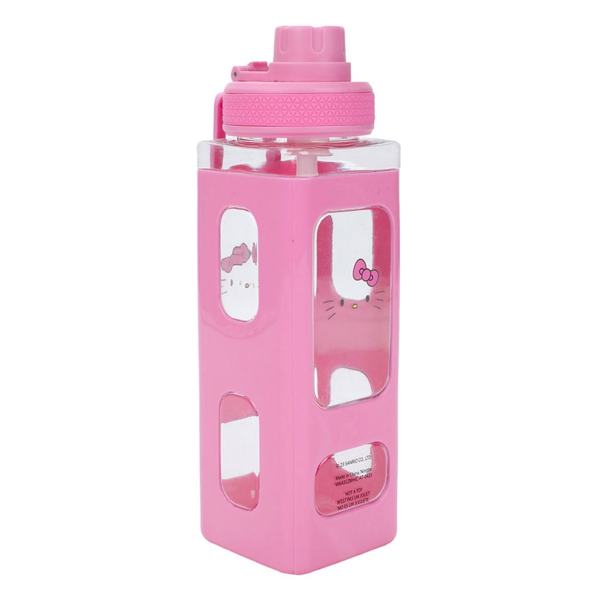 Front view of the Hello Kitty water bottle showcasing its unique shape and design.