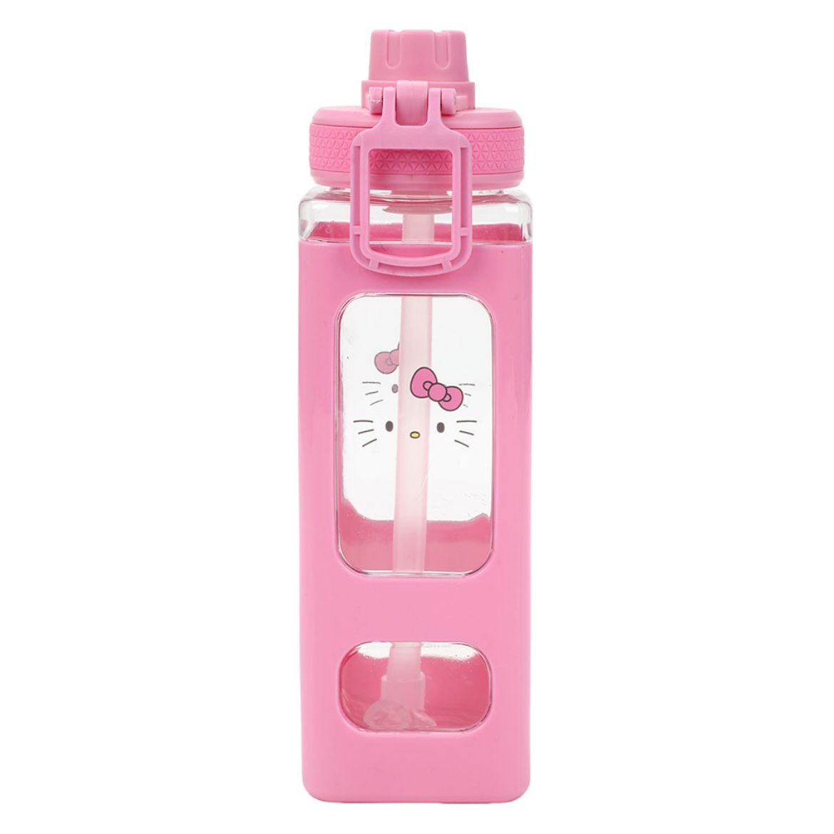 Close-up of the spill-proof sport lid and straw of the Hello Kitty water bottle.