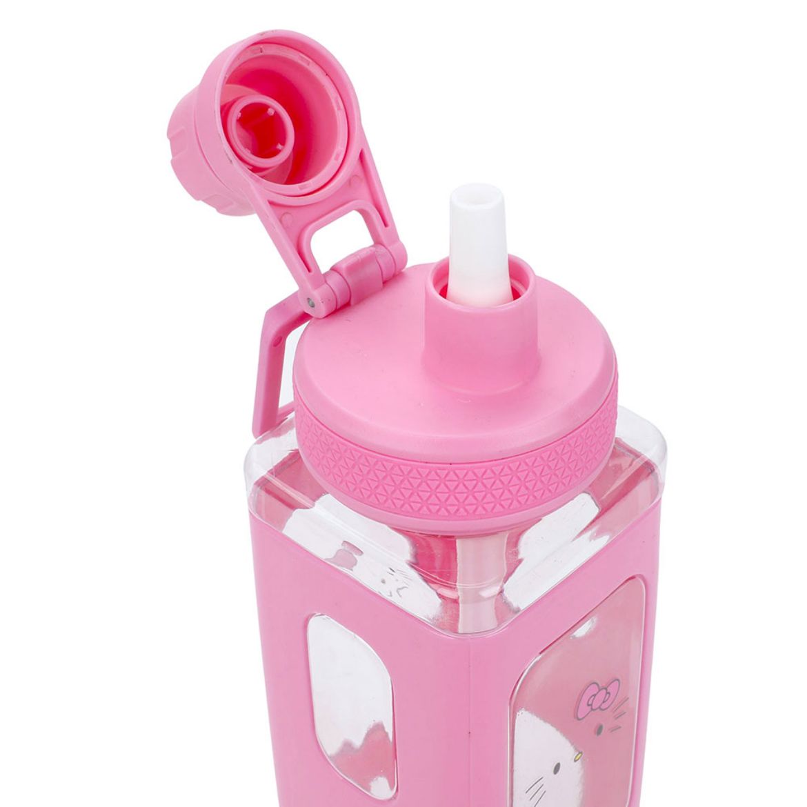 Side angle of the 24oz Hello Kitty travel water bottle with silicone sleeve.
