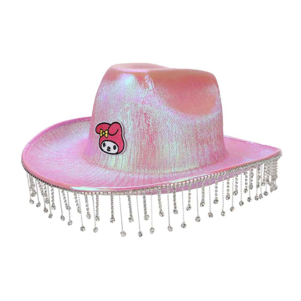 Close-up of rhinestone embellishments on pink cowboy hat