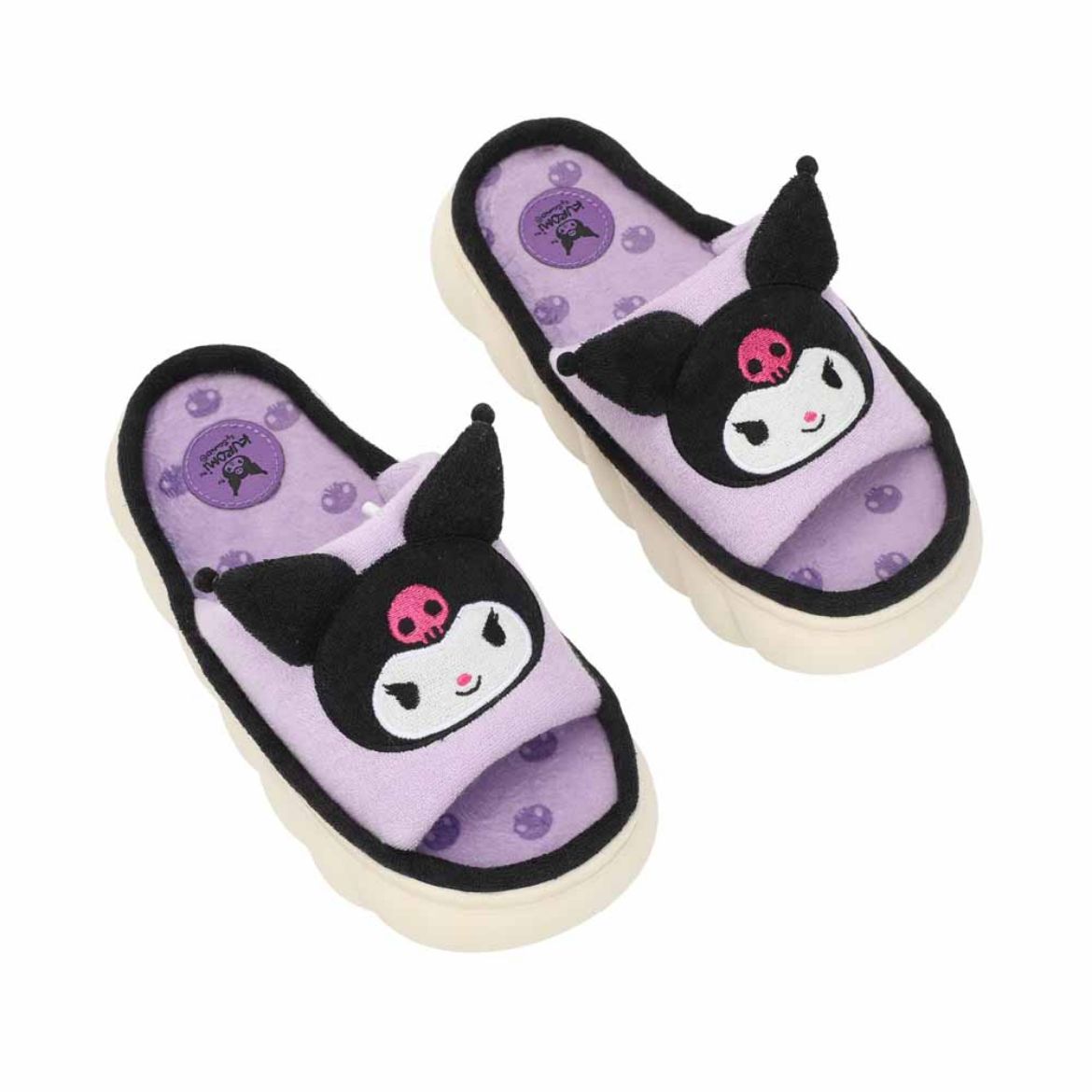 Close-up of Kuromi 3D Cloud Slides for women highlighting the soft footbed and character details.