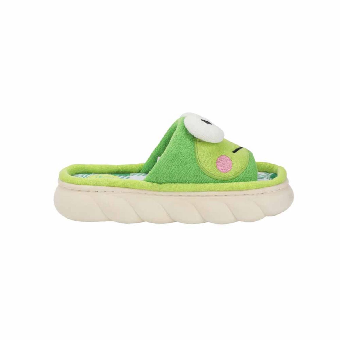 Keroppi slides styled with comfortable loungewear in a cozy indoor setting