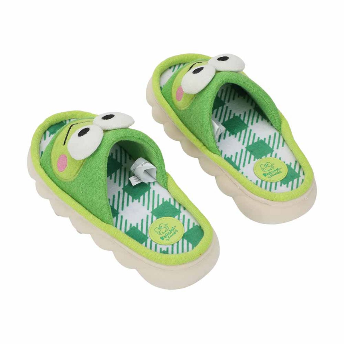 Side view of Keroppi cloud shark slides showing thick EVA sole and contrast lining