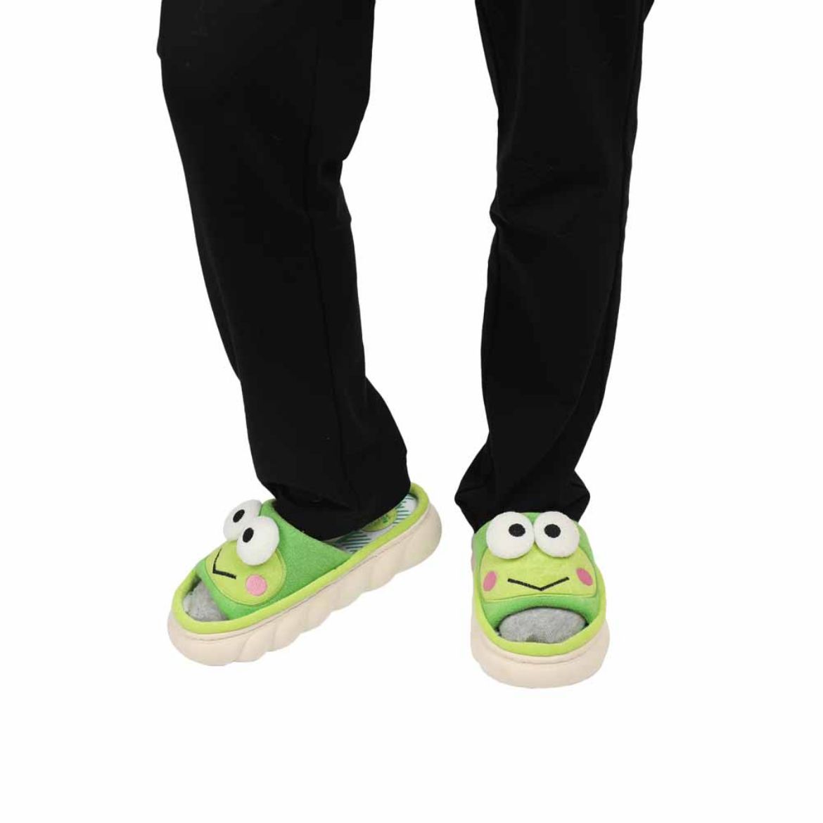 Keroppi slides styled with comfortable loungewear in a cozy indoor setting
