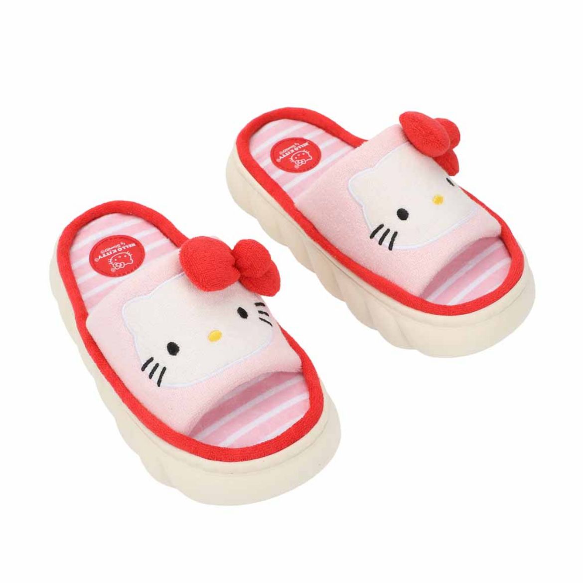 Side view of Hello Kitty slides with 3D accents and plush footbed