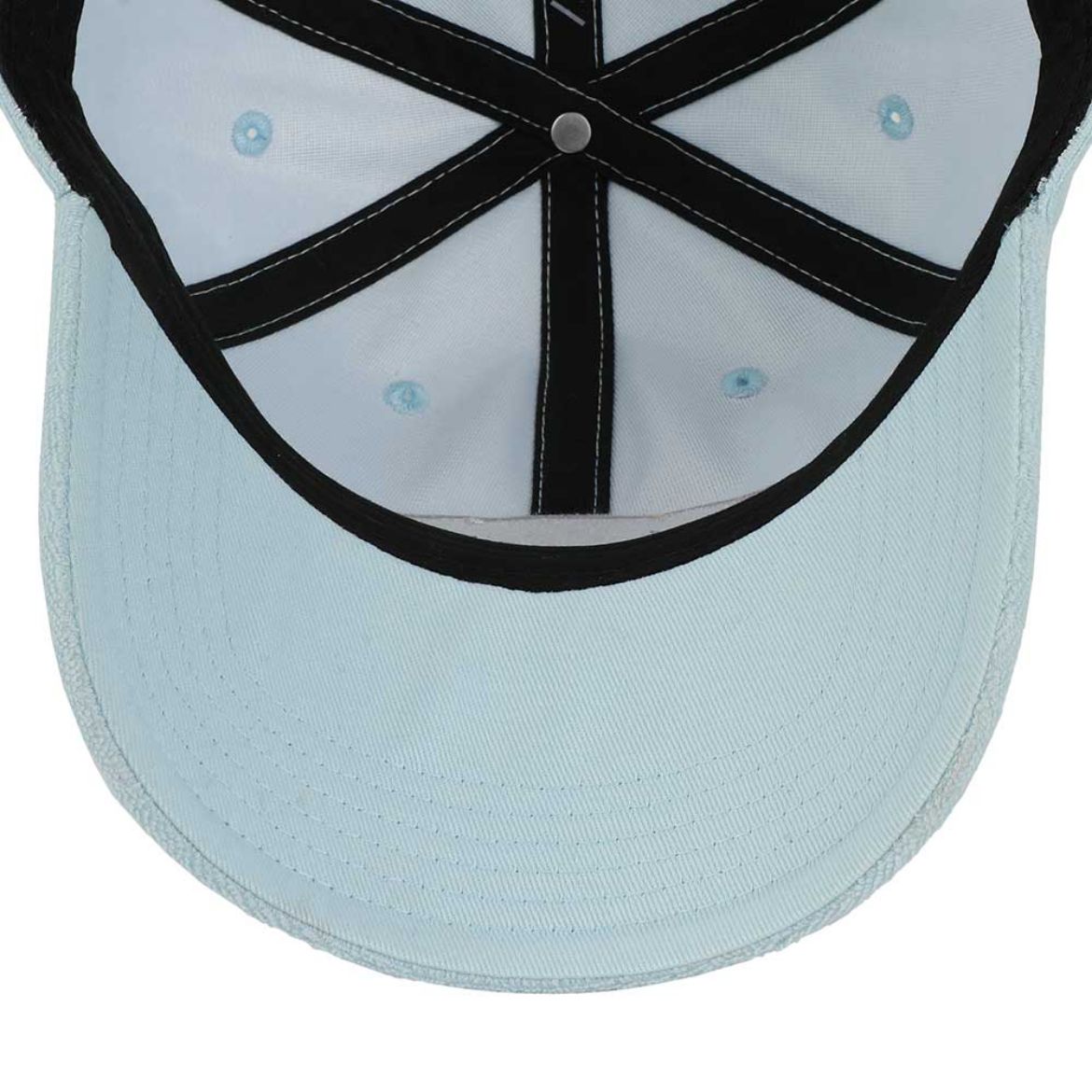 Rear view of adjustable strap on embroidered baseball cap in natural lighting
