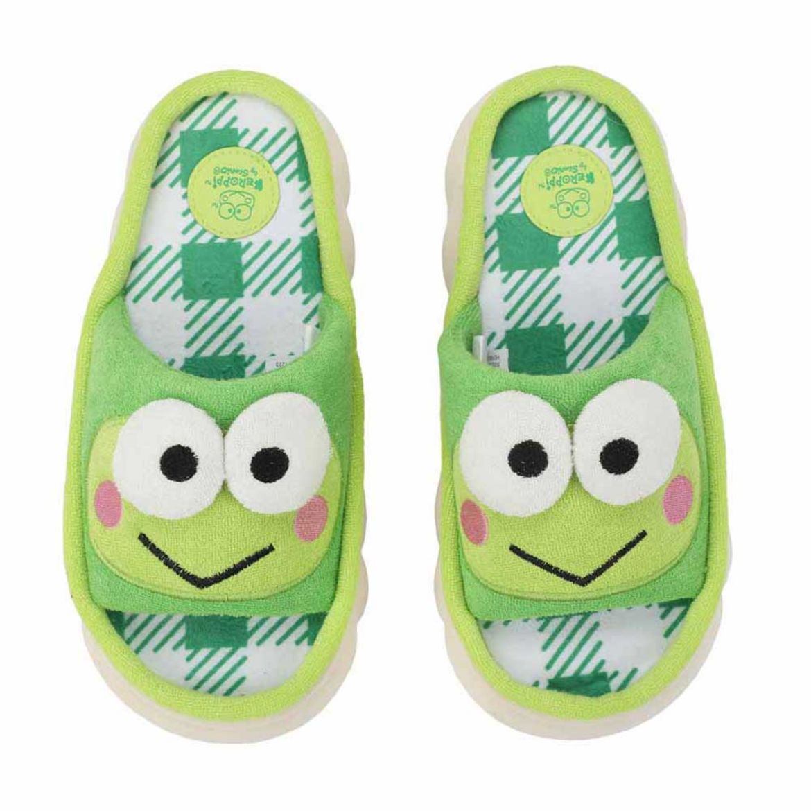 Top-down angle of cloud slides for men and women with soft footbed and 3D Keroppi detail
