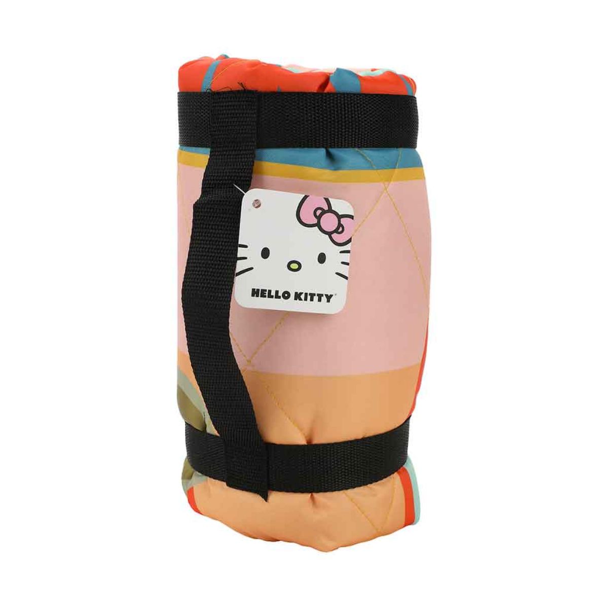 Outdoor throw blanket with Hello Kitty graphic draped over a camping chair at sunset