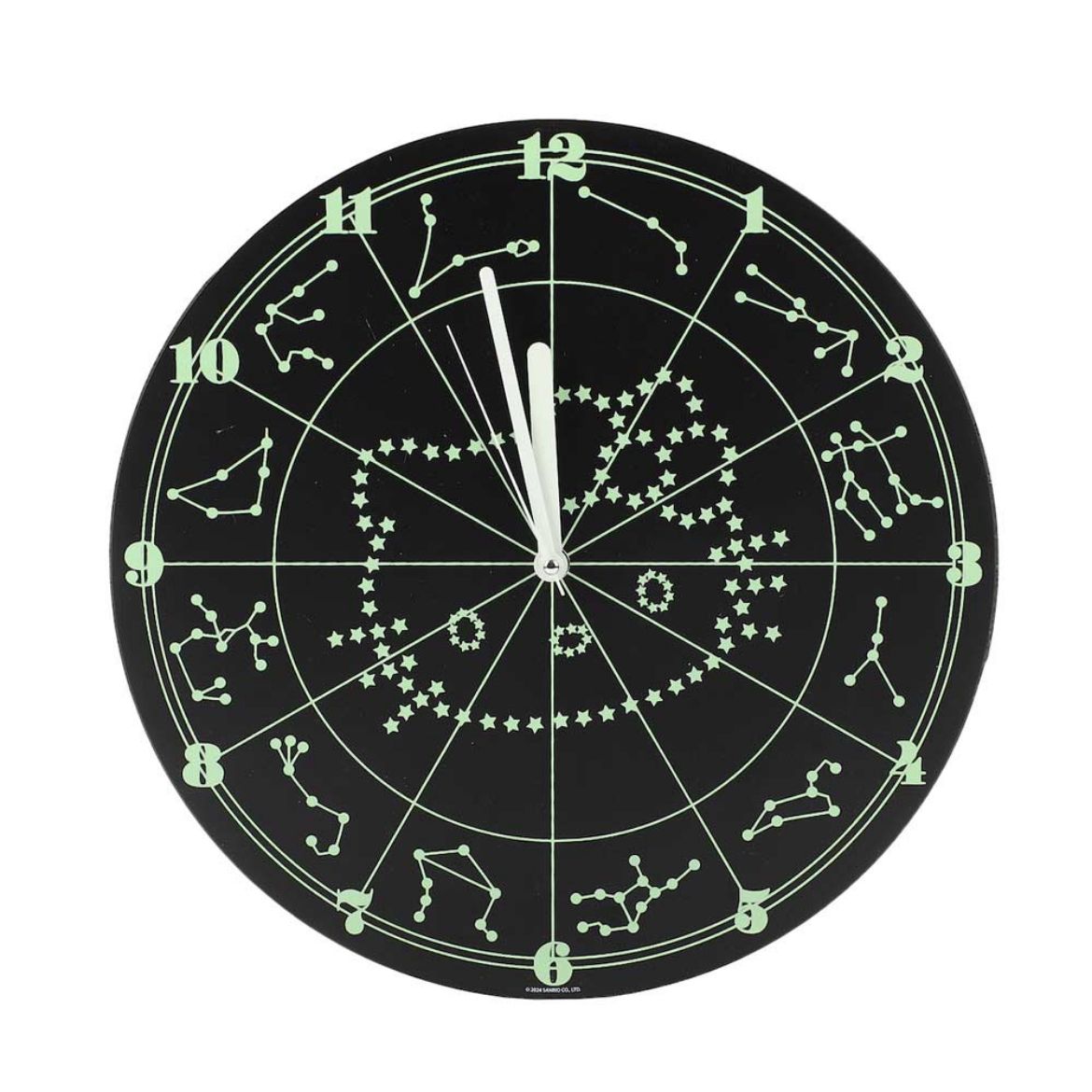 Front view of glow in the dark Hello Kitty wall clock displaying zodiac signs