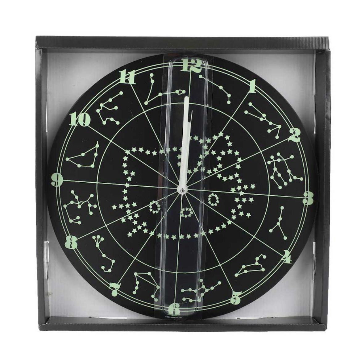 Close-up of zodiac wall clock face showing glow in the dark clocks alarm glow effect