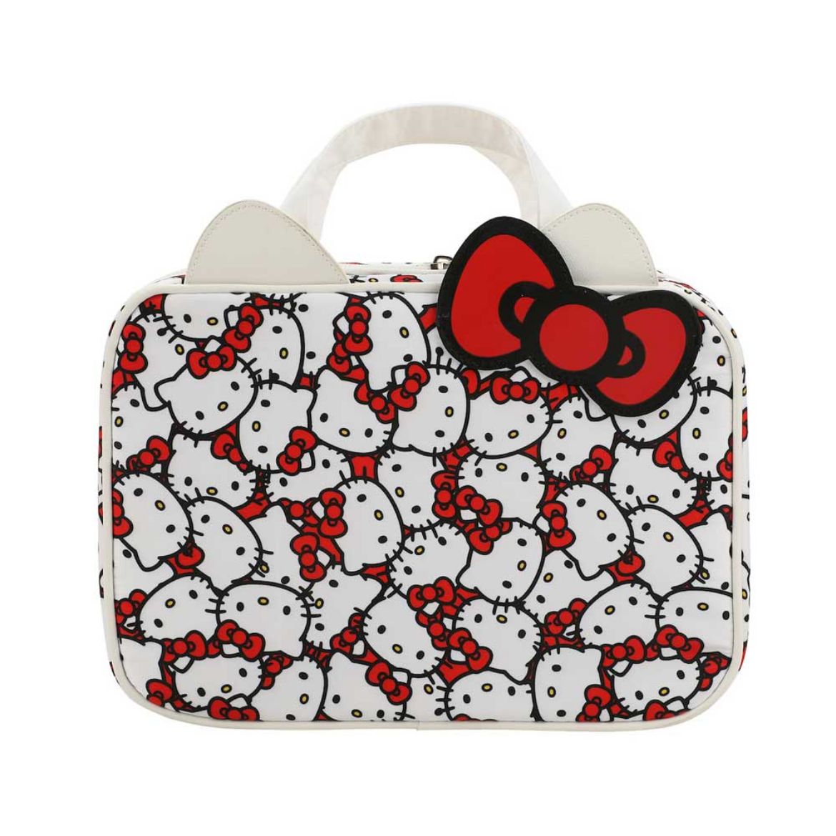 Front view of Hello Kitty toiletry travel bag with double zipper and top handle