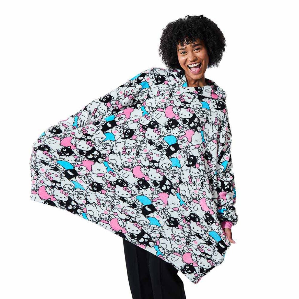 Hello Kitty hoodie showcasing side pockets and oversized fit.