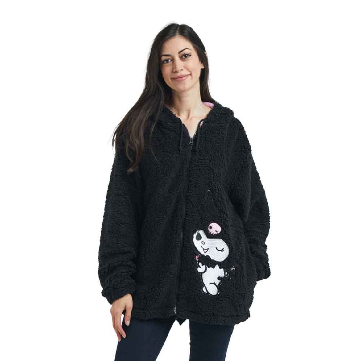 Front view of Kuromi hoodie with sherpa fleece and embroidered detail