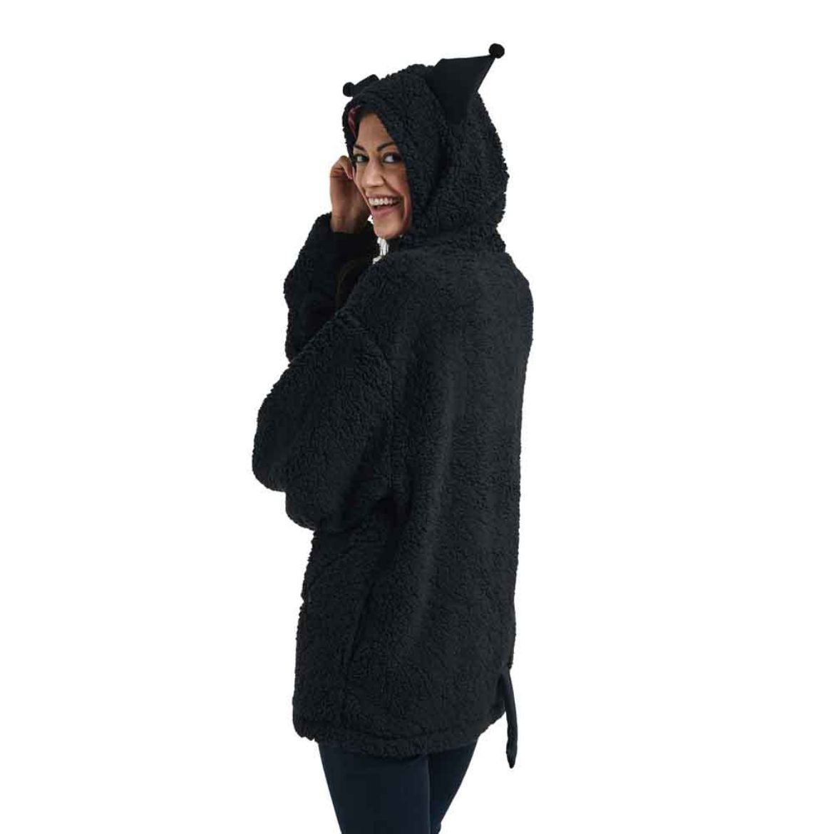Close-up of sherpa texture and zipper on the lounge life Kuromi hoodie