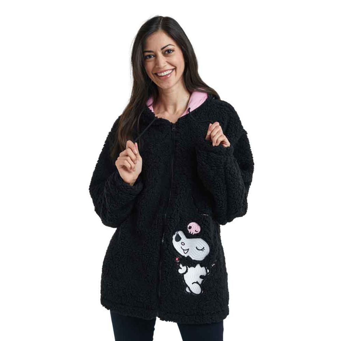 Front view of Kuromi hoodie with sherpa fleece and embroidered detail