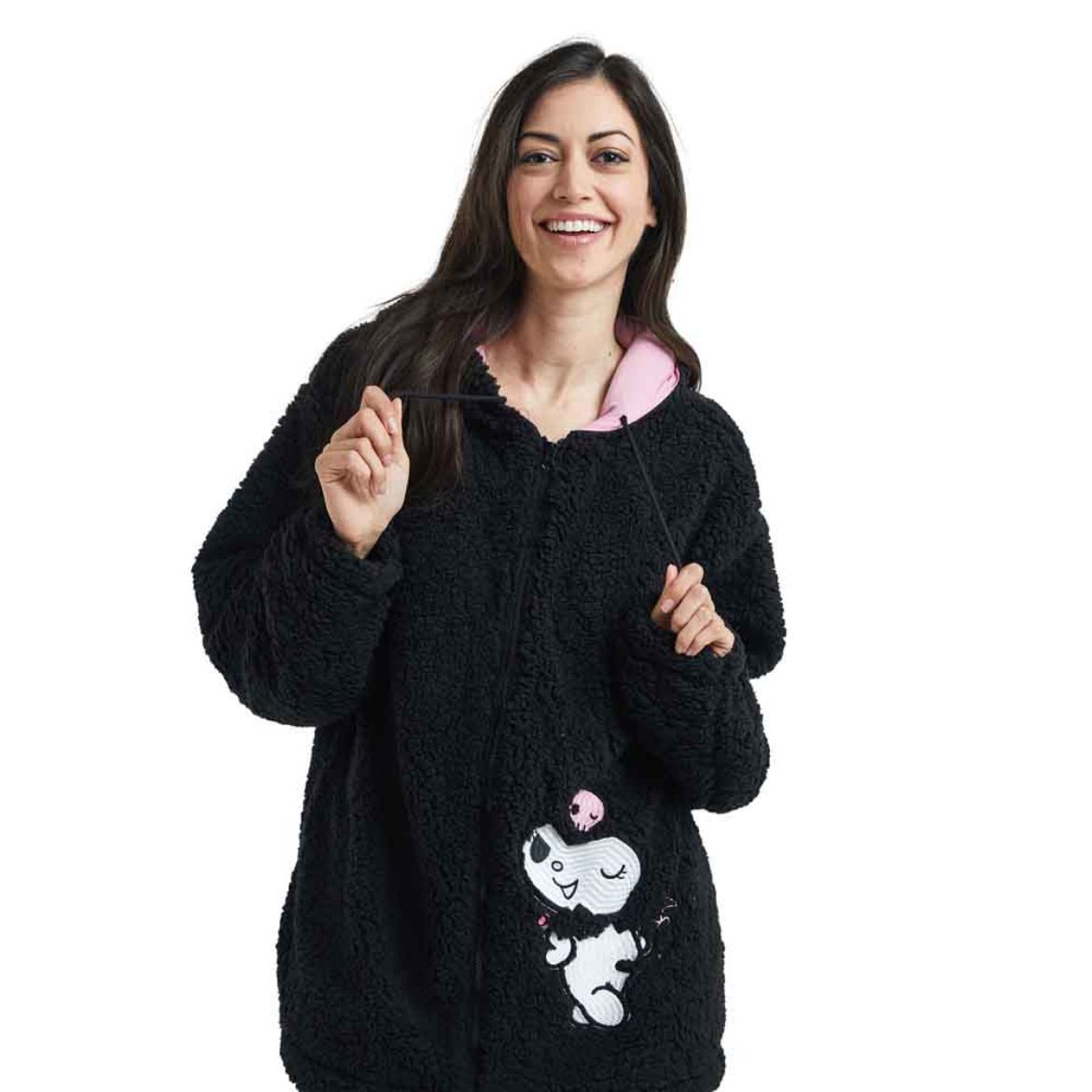 Model lounging indoors wearing zip lounge hoodie with Kuromi ears