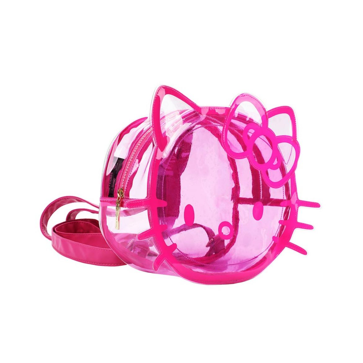 Close-up of Hello Kitty plush detail on the clear PVC backpack.