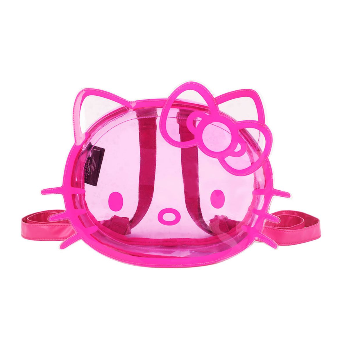 Hello Kitty pink clear mini backpack worn by a girl on her back, showing off its adjustable straps.
