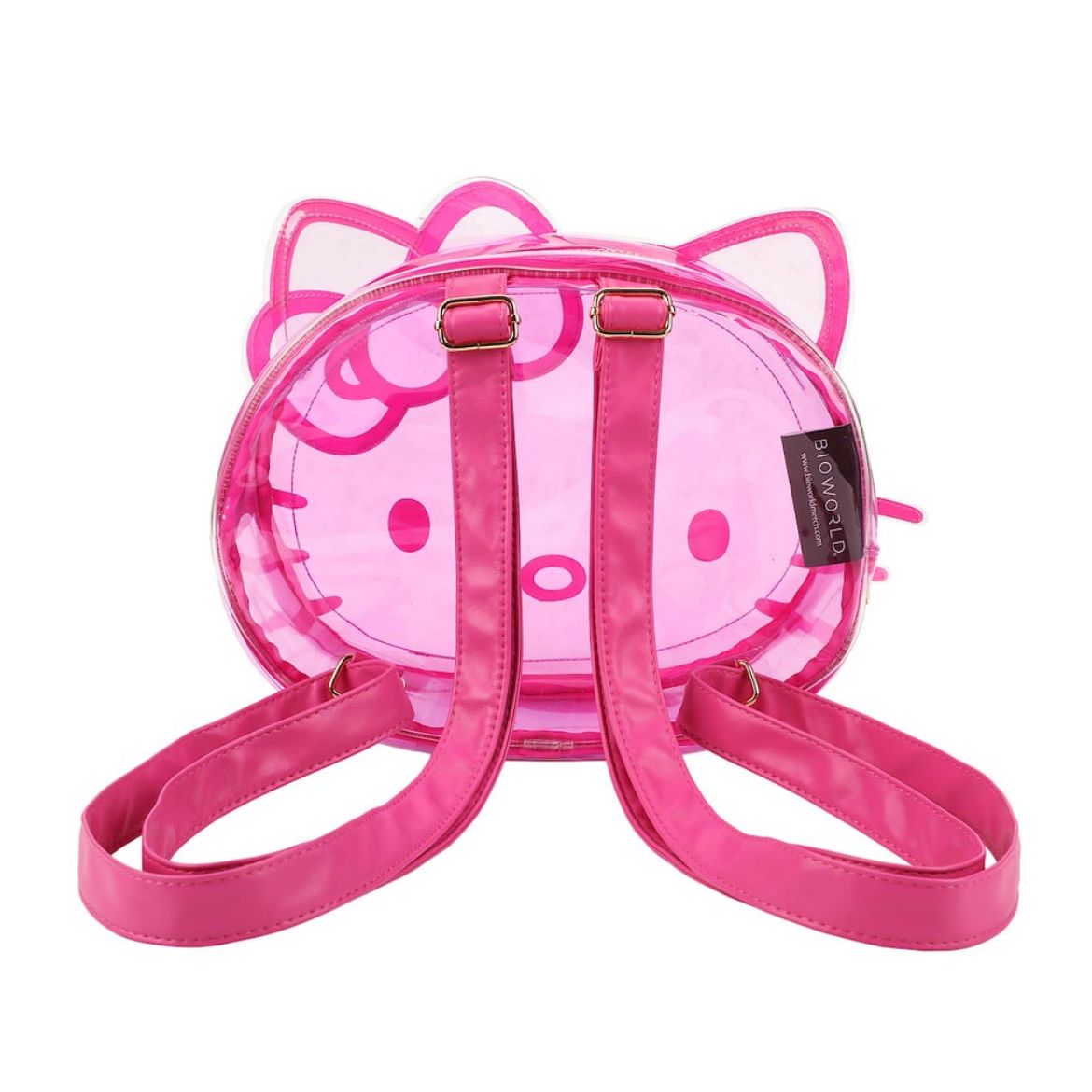 Front view of Hello Kitty clear backpack with pink details, worn over a denim jacket.