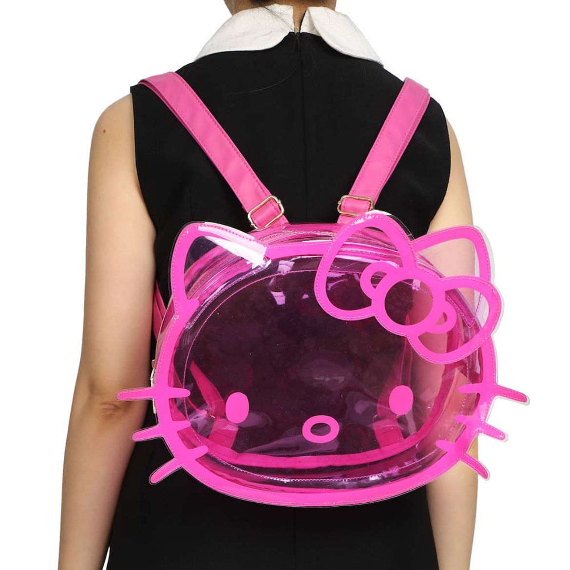 Close-up of Hello Kitty plush detail on the clear PVC backpack.