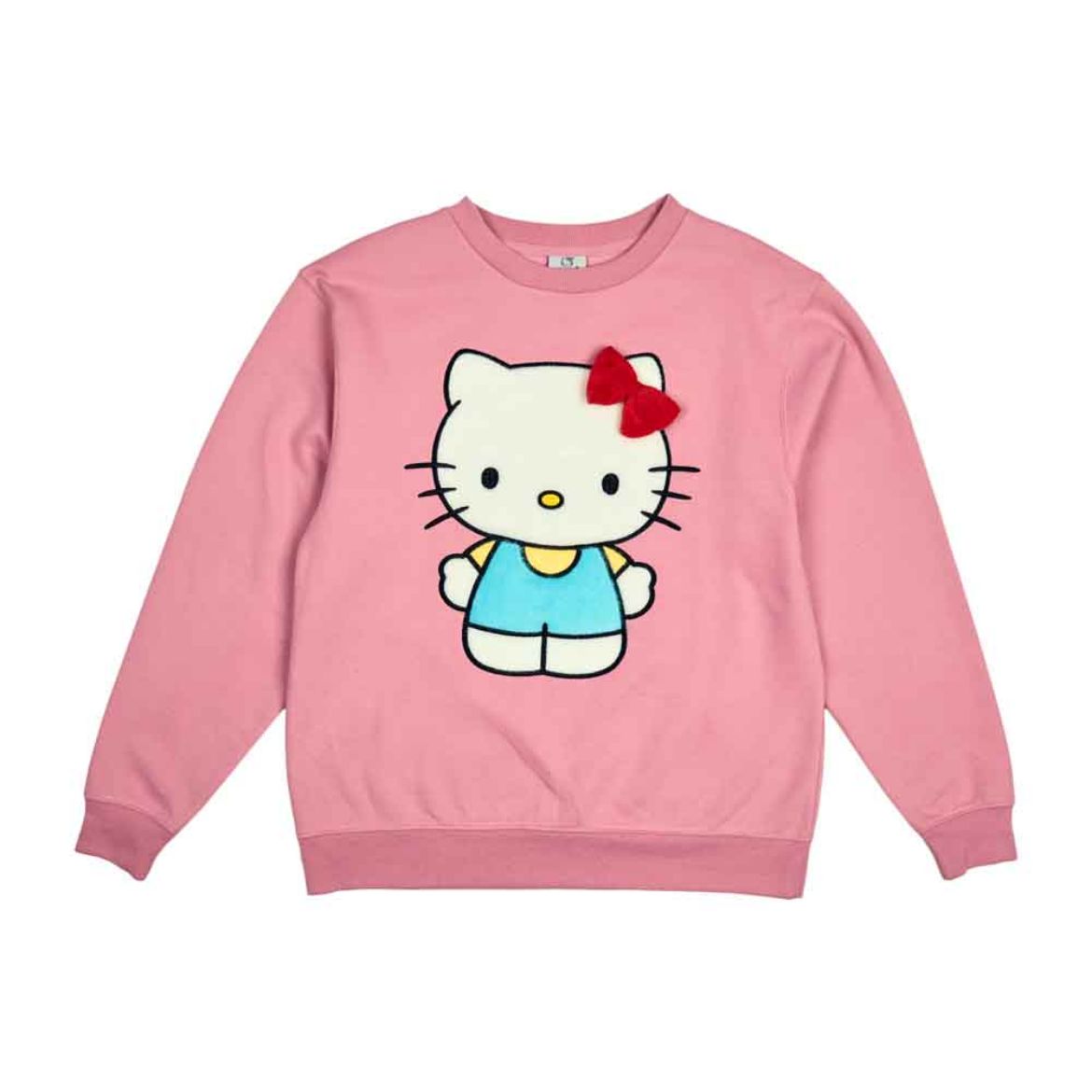 Model wearing relaxed-fit pink sweatshirt with signature Hello Kitty design