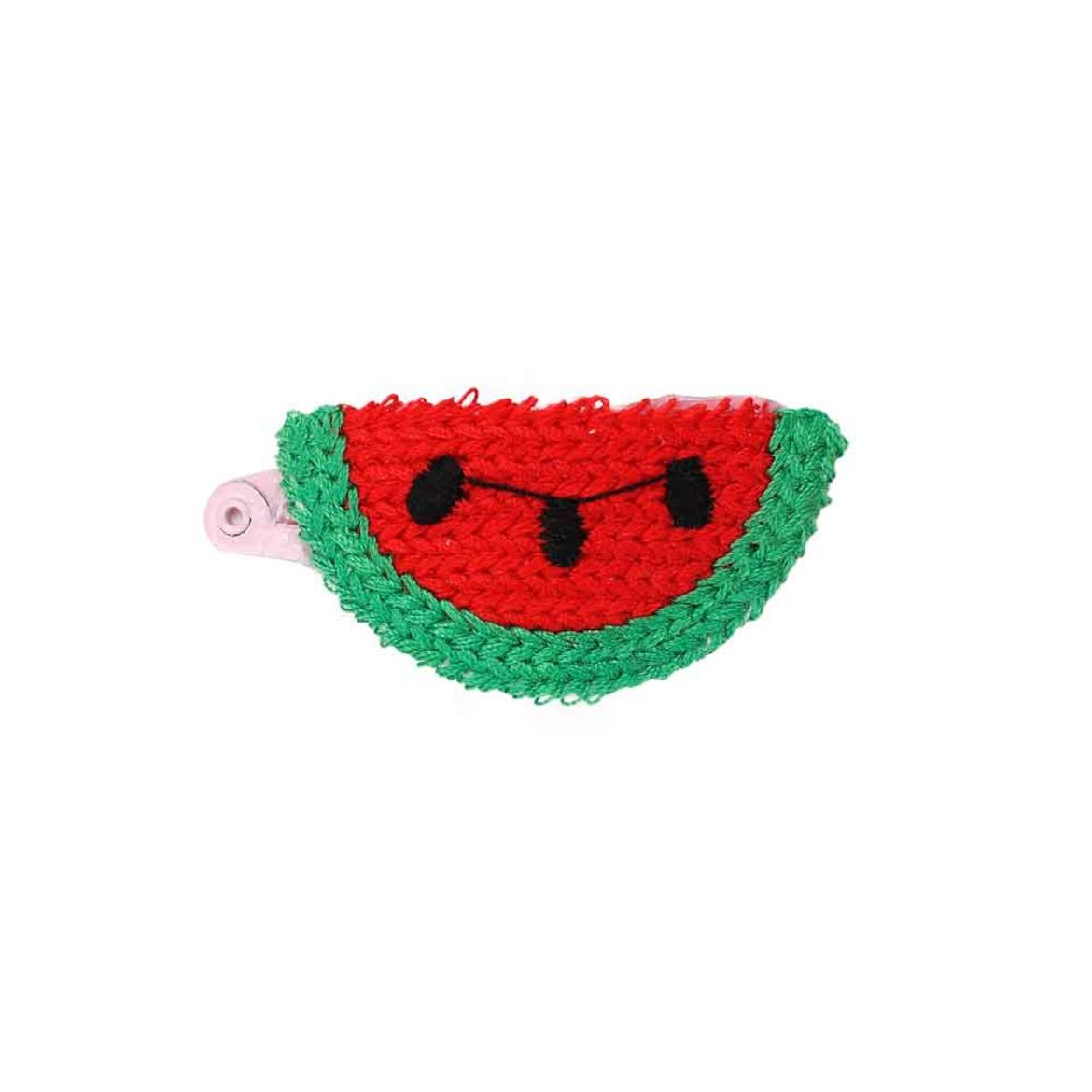 Close-up of a single Hello Kitty crochet hair clip, highlighting its machine crochet design