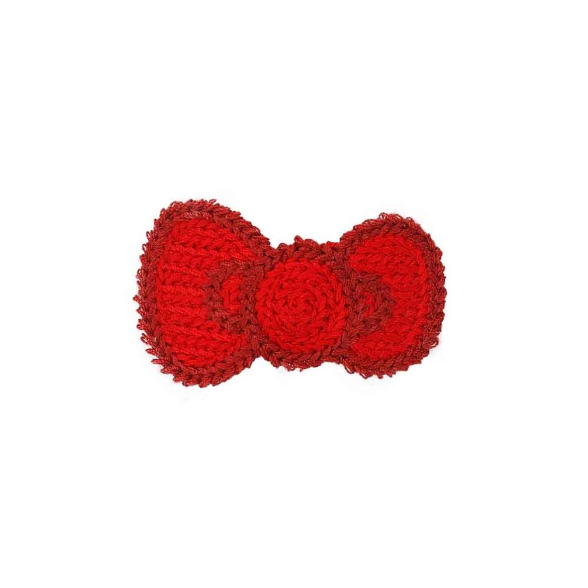 Close-up of a single Hello Kitty crochet hair clip, highlighting its machine crochet design