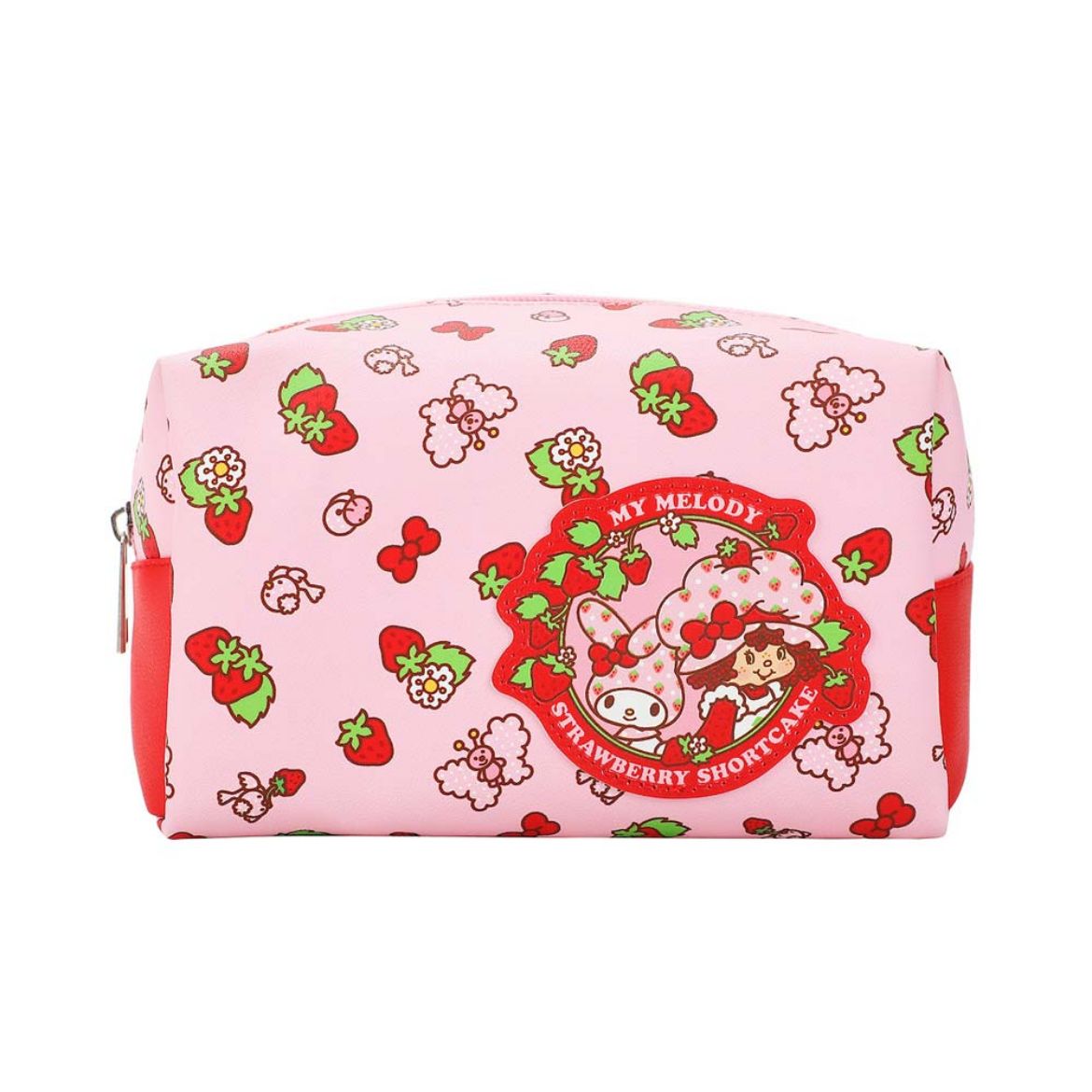 My Melody and Strawberry Shortcake cosmetic bag with applique detail and zipper closure