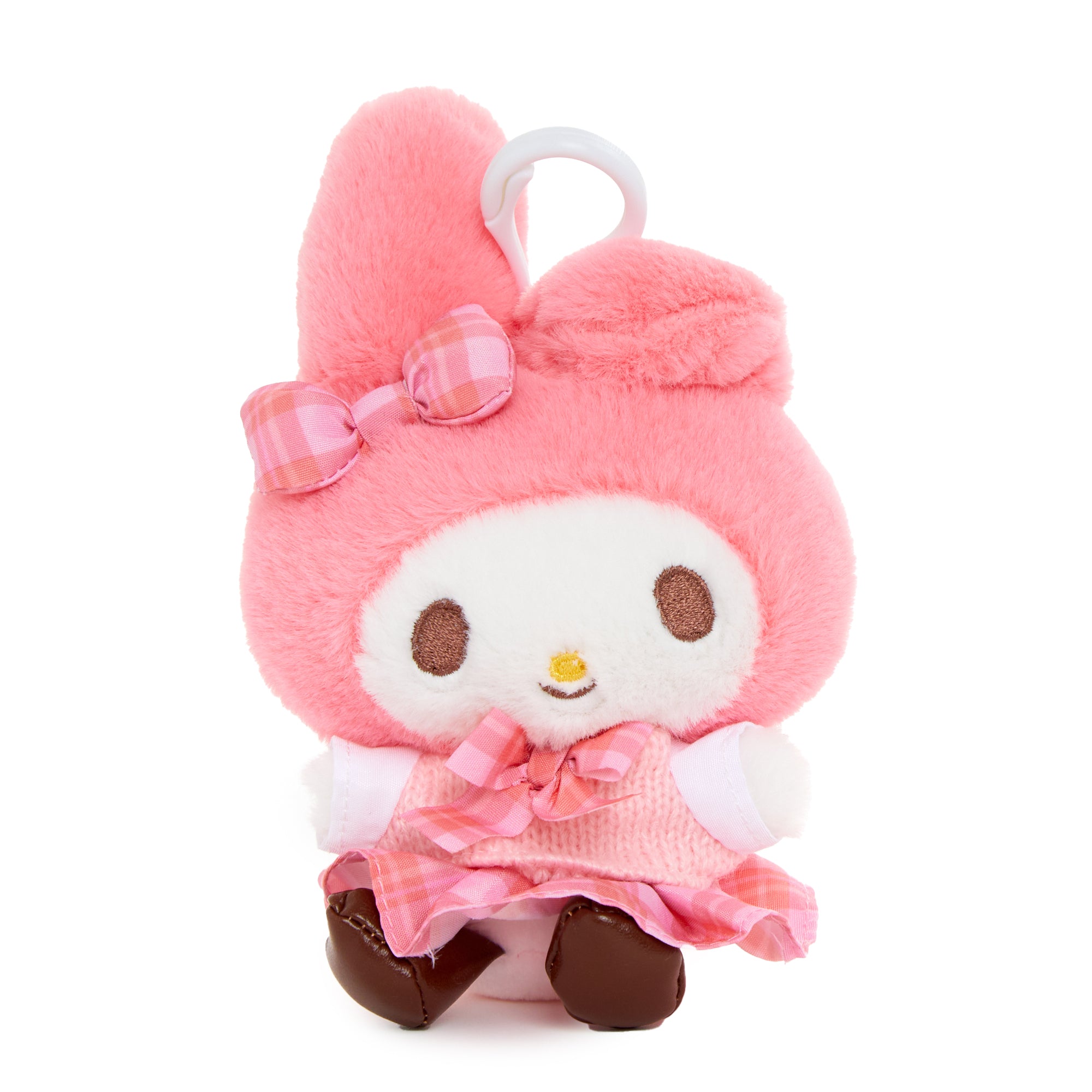 Close-up of My Melody plush keychain with embroidered details