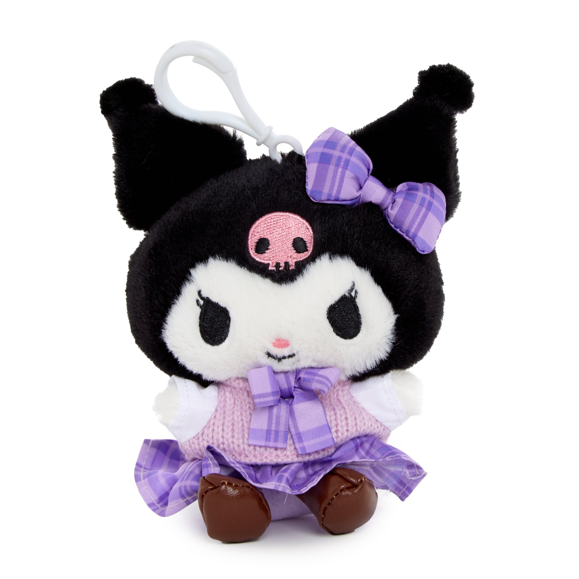 Front view of Kuromi mascot clip attached to a canvas tote