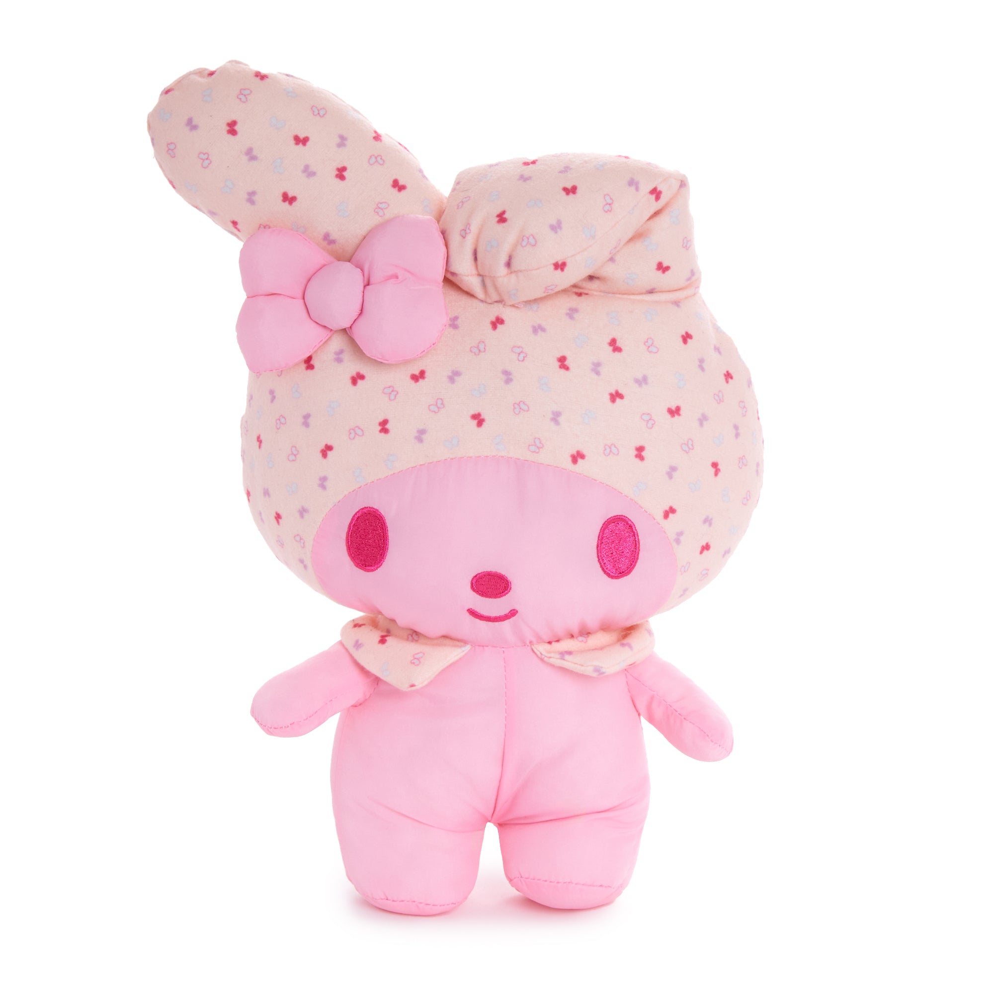 Front view of My Melody plush toy with spring monochromatic print