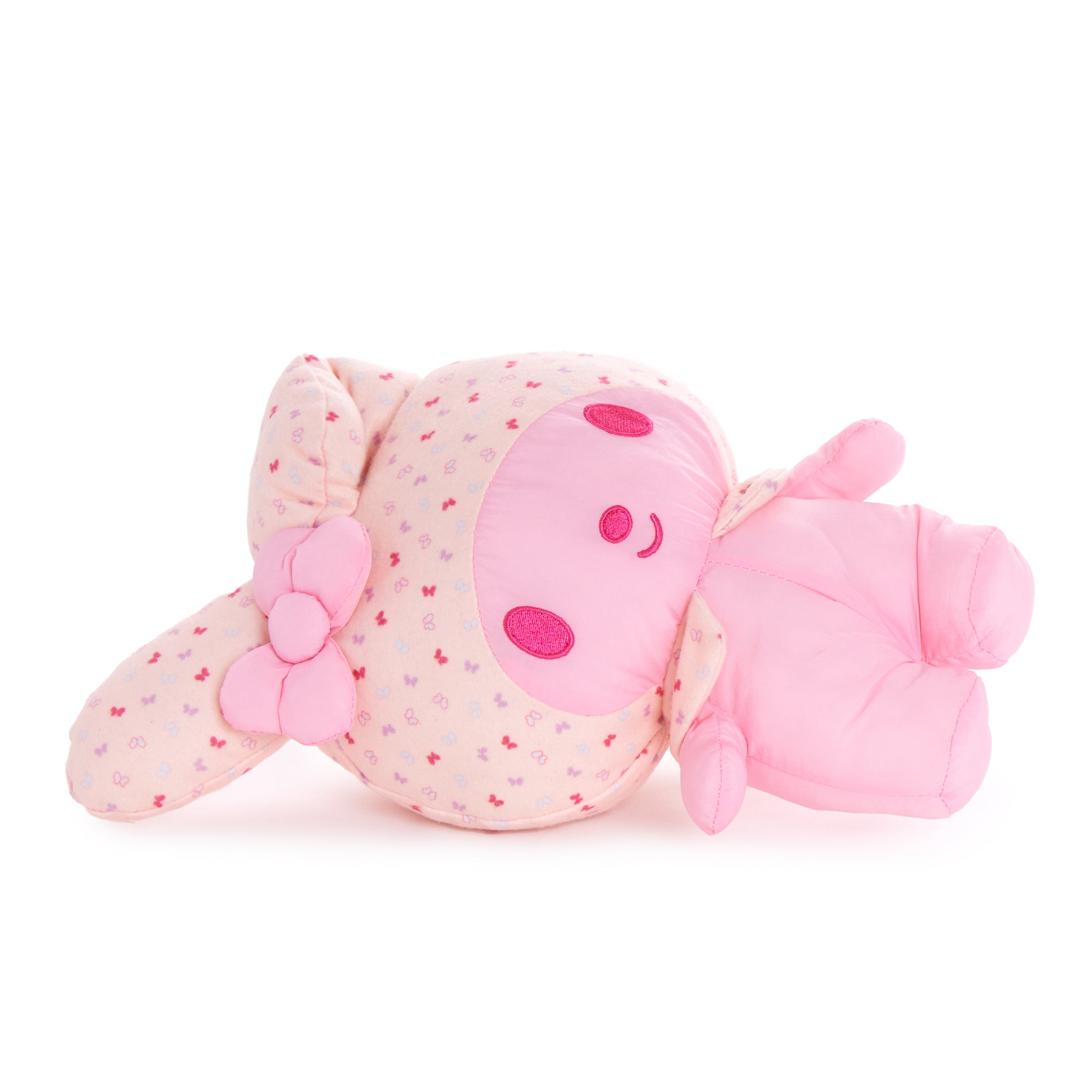 Front view of My Melody plush toy with spring monochromatic print
