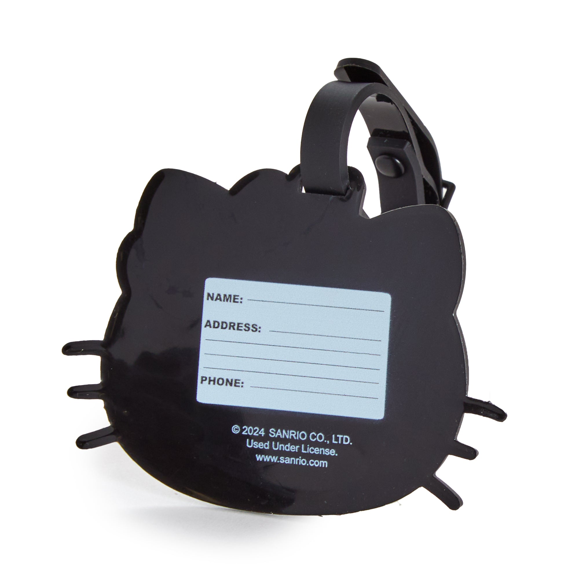 Personalized Hello Kitty luggage tag attached to a travel bag