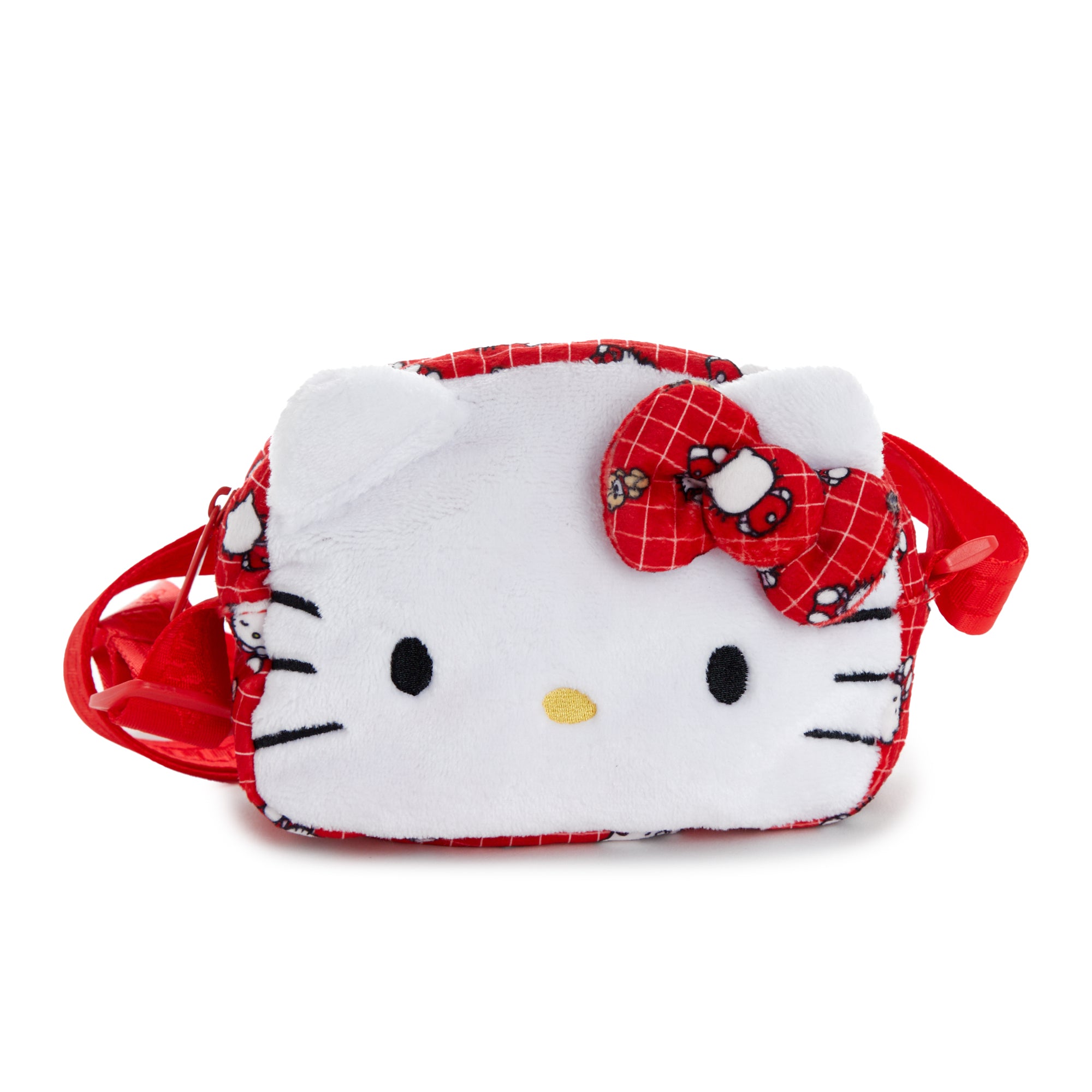 Close-up of Hello Kitty plush face on ruby red crossbody bag