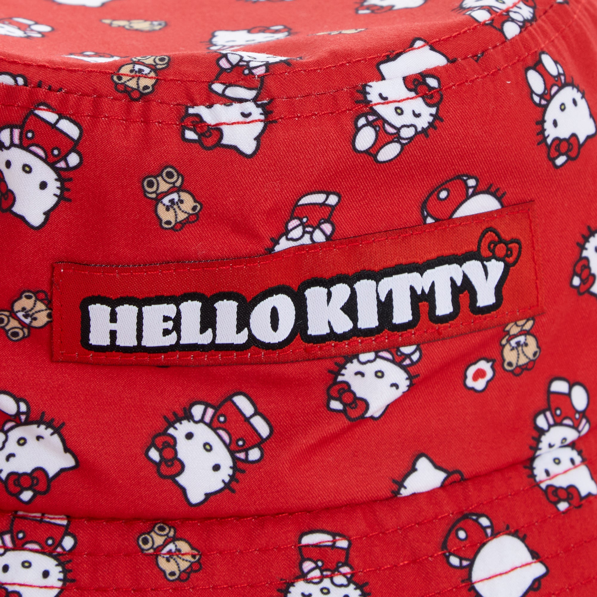 Side view showcasing the all-over print of the Hello Kitty bucket hat
