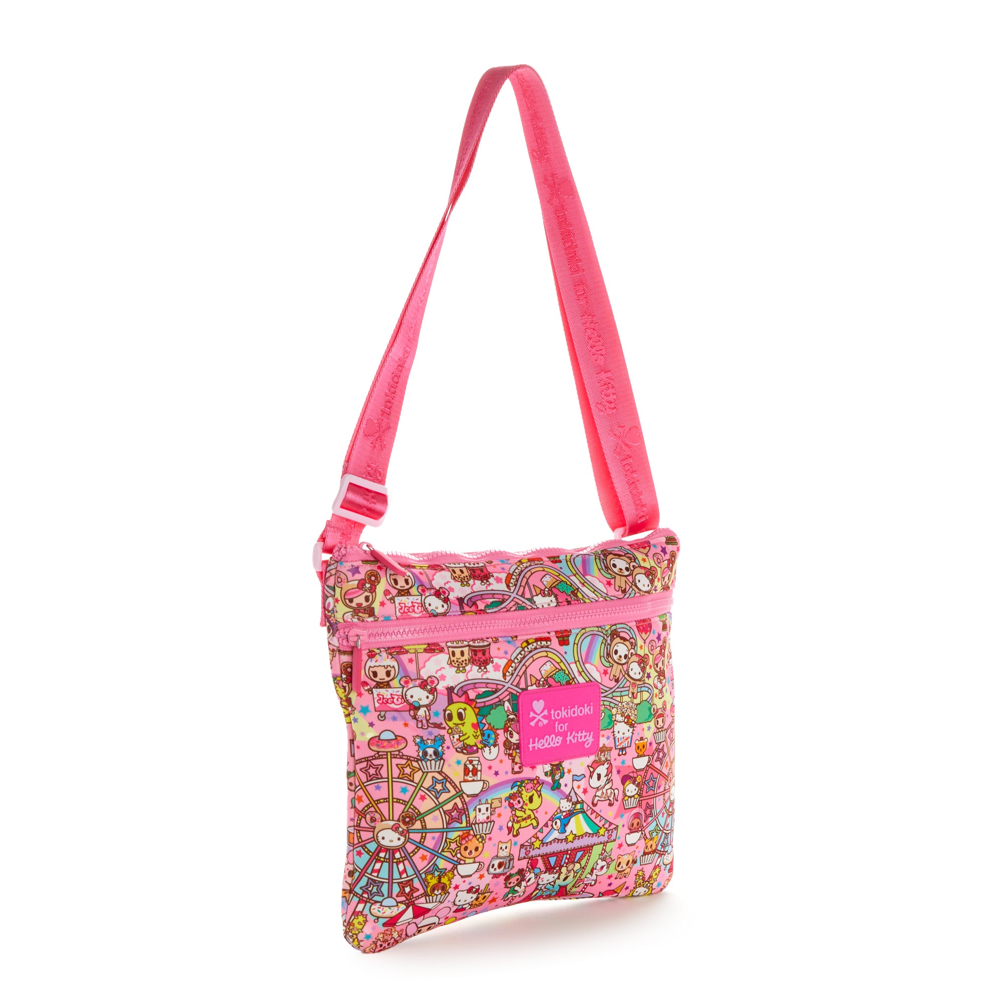 Front view of the Kawaii Carnival Hello Kitty crossbody bag with colorful prints.