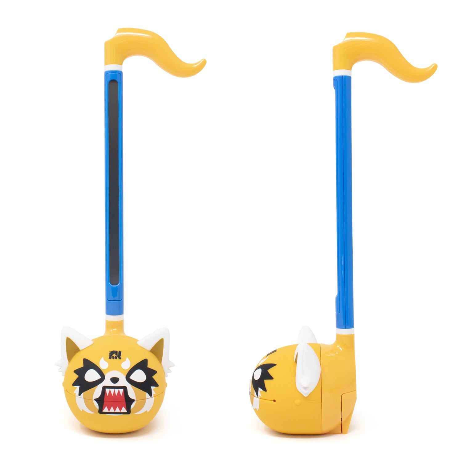Hand holding the Otamatone musical toy, demonstrating finger sliding for pitch control.