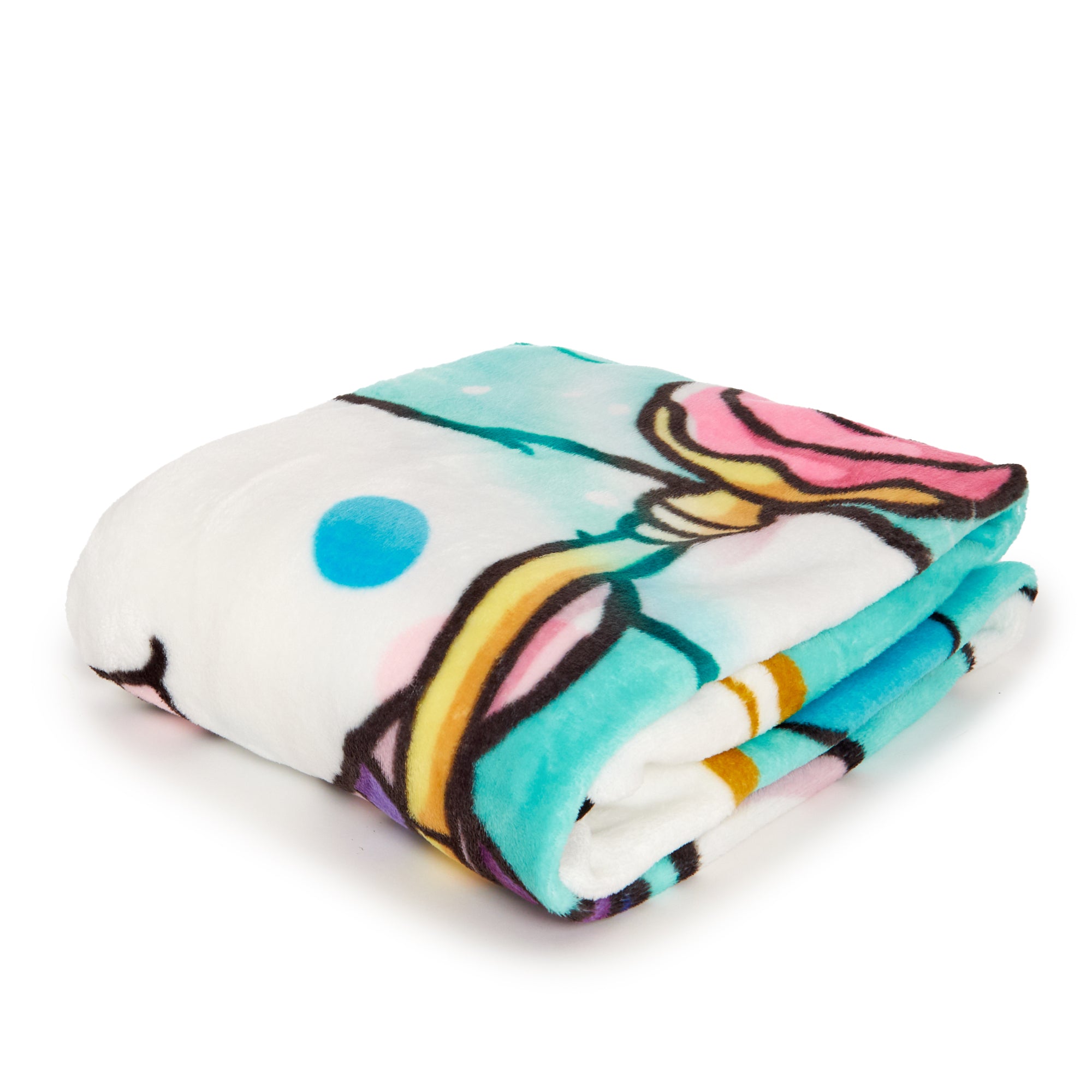 Cinnamoroll throw blanket laid out across a king-size bed for scale
