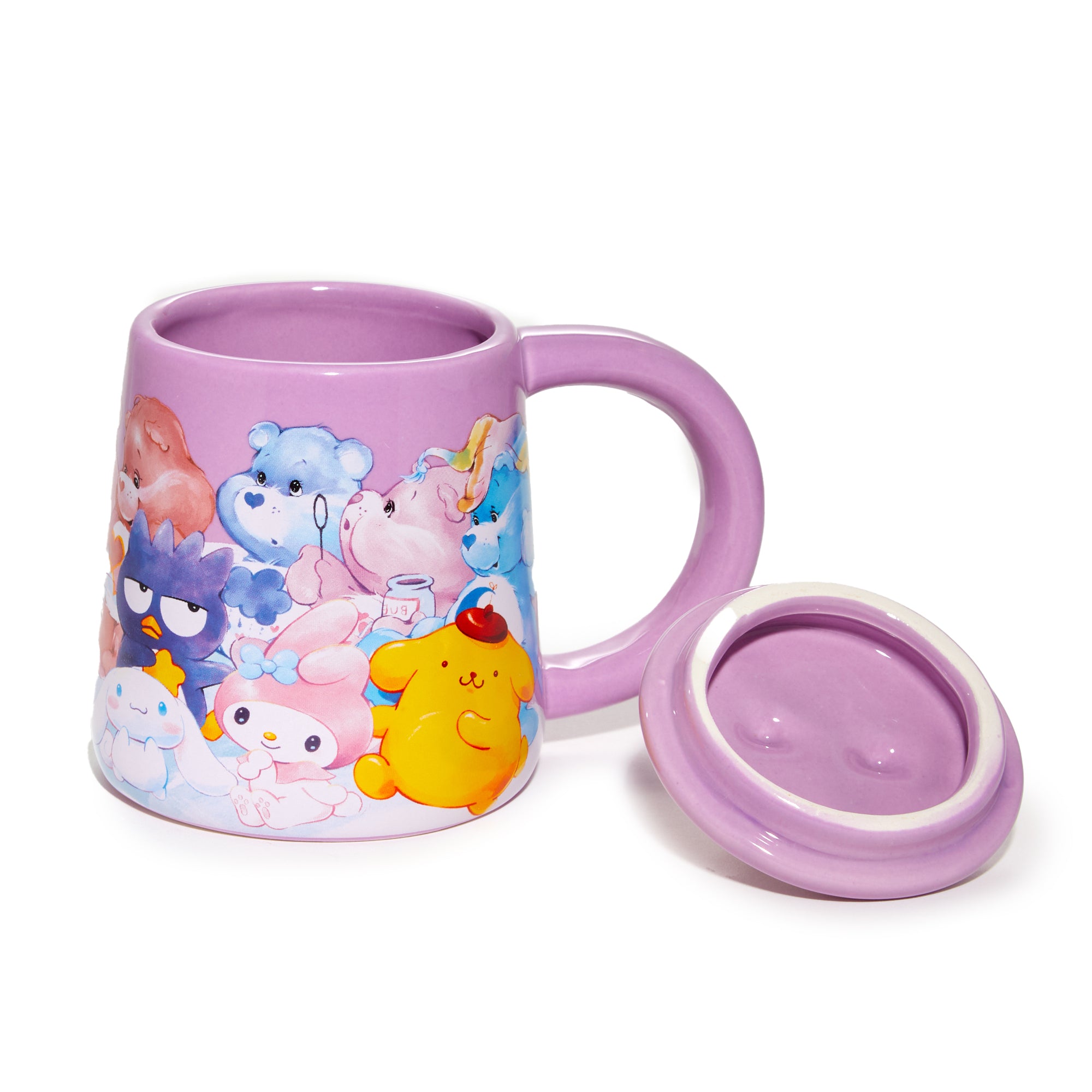 Front view of Care Bears mug with Hello Kitty rainbow lid on kitchen counter