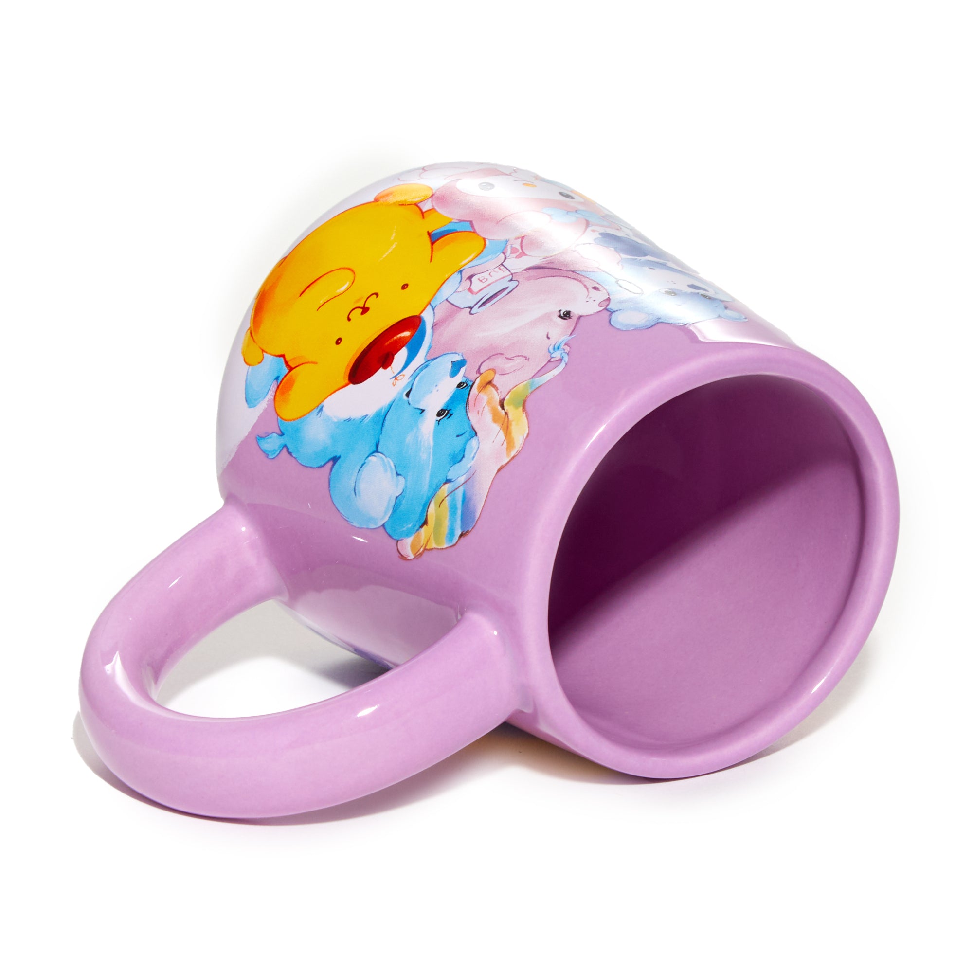 Side profile of Hello Kitty coffee mug showcasing vibrant all-over print design