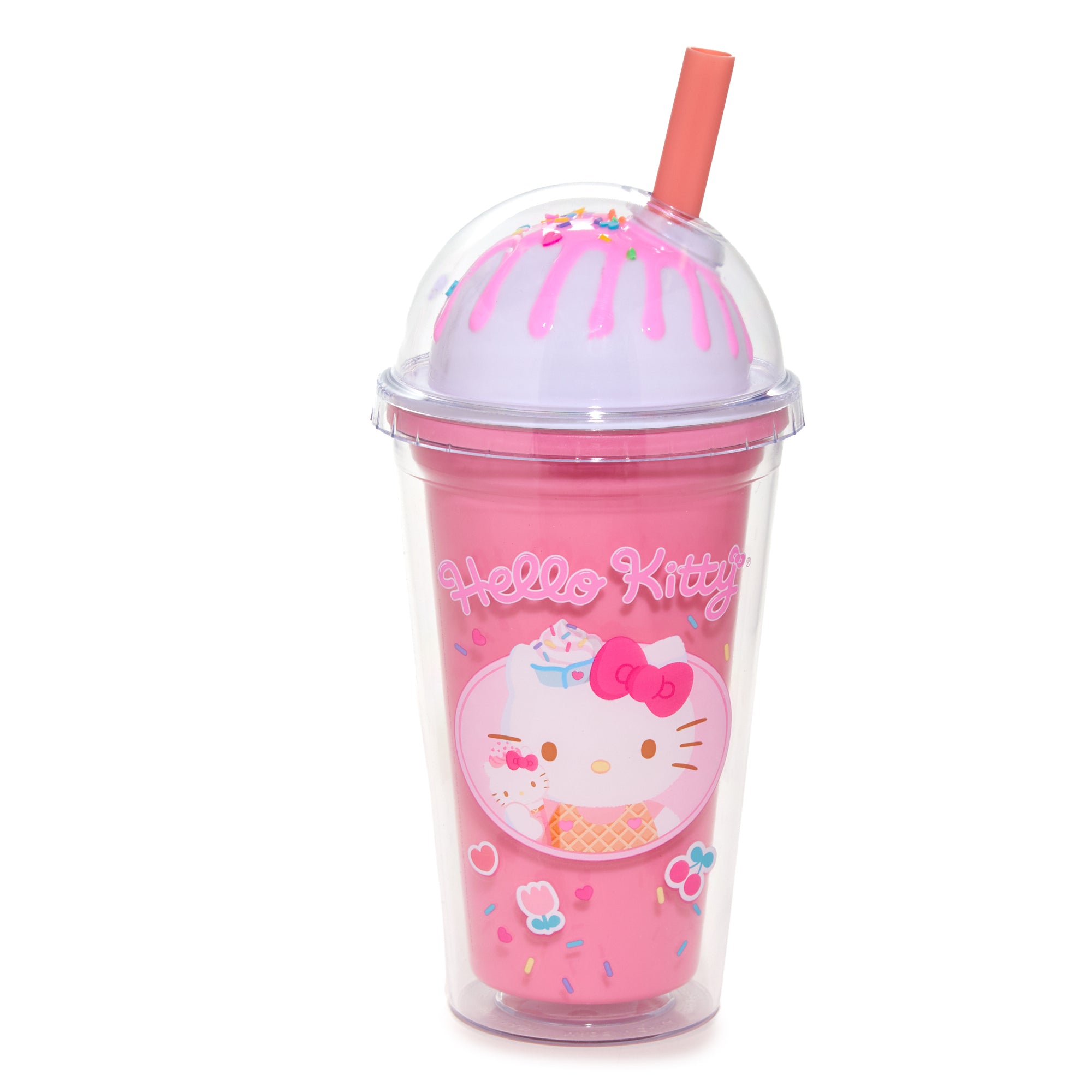 Hello Kitty acrylic tumbler with ice cream dome design and matching straw, filled with a cold drink.