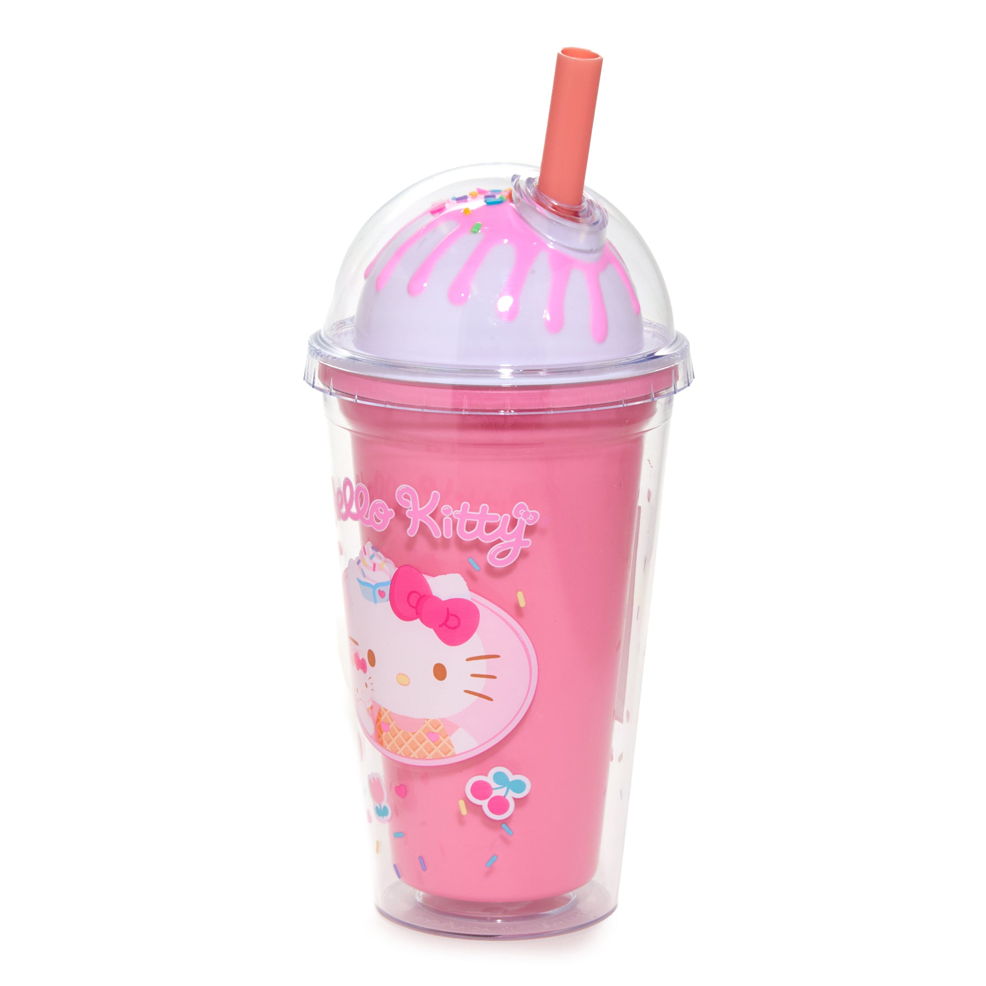 The Hello Kitty acrylic tumbler being used at a summer picnic, with ice cream and other treats nearby.