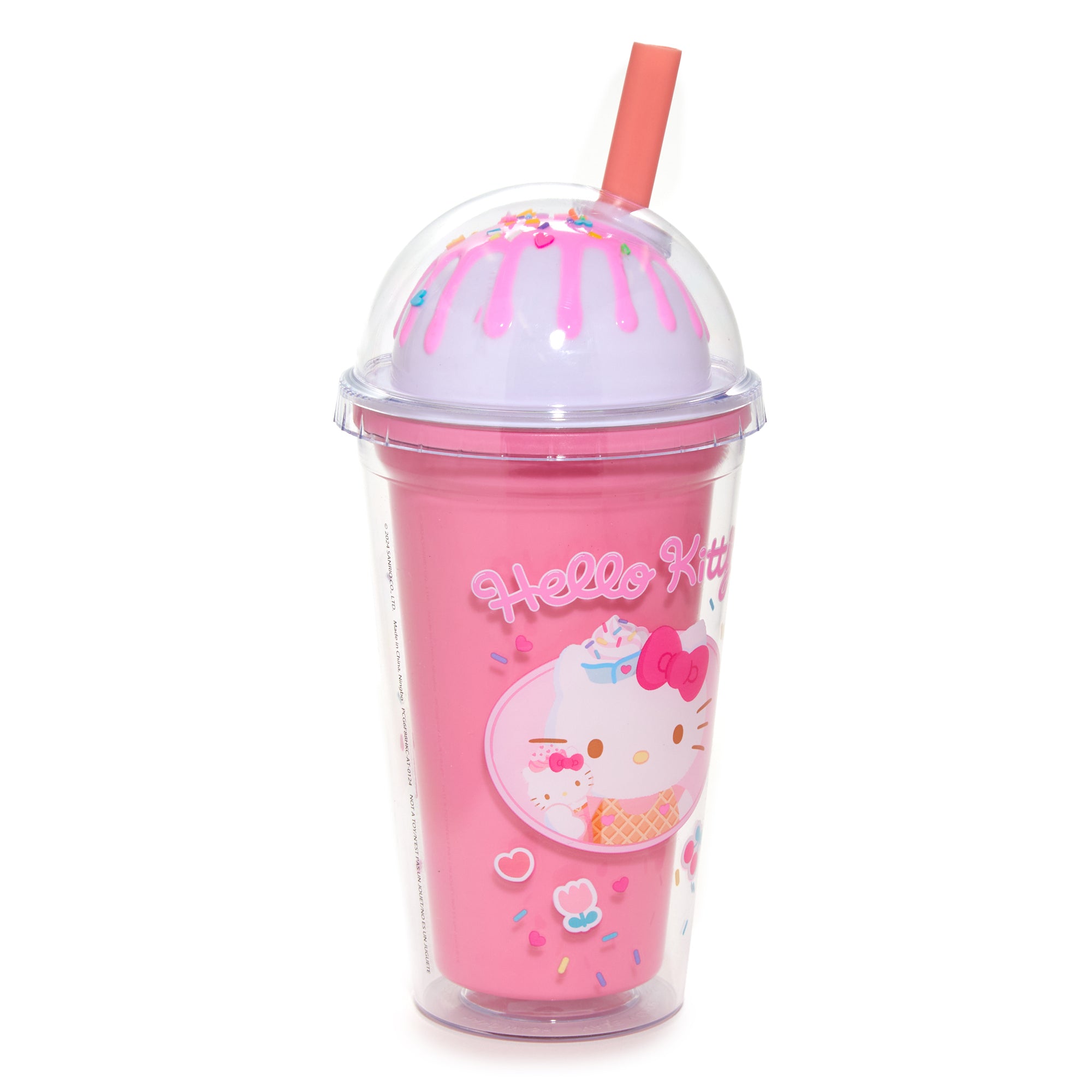 Hello Kitty acrylic tumbler with ice cream dome design and matching straw, filled with a cold drink.